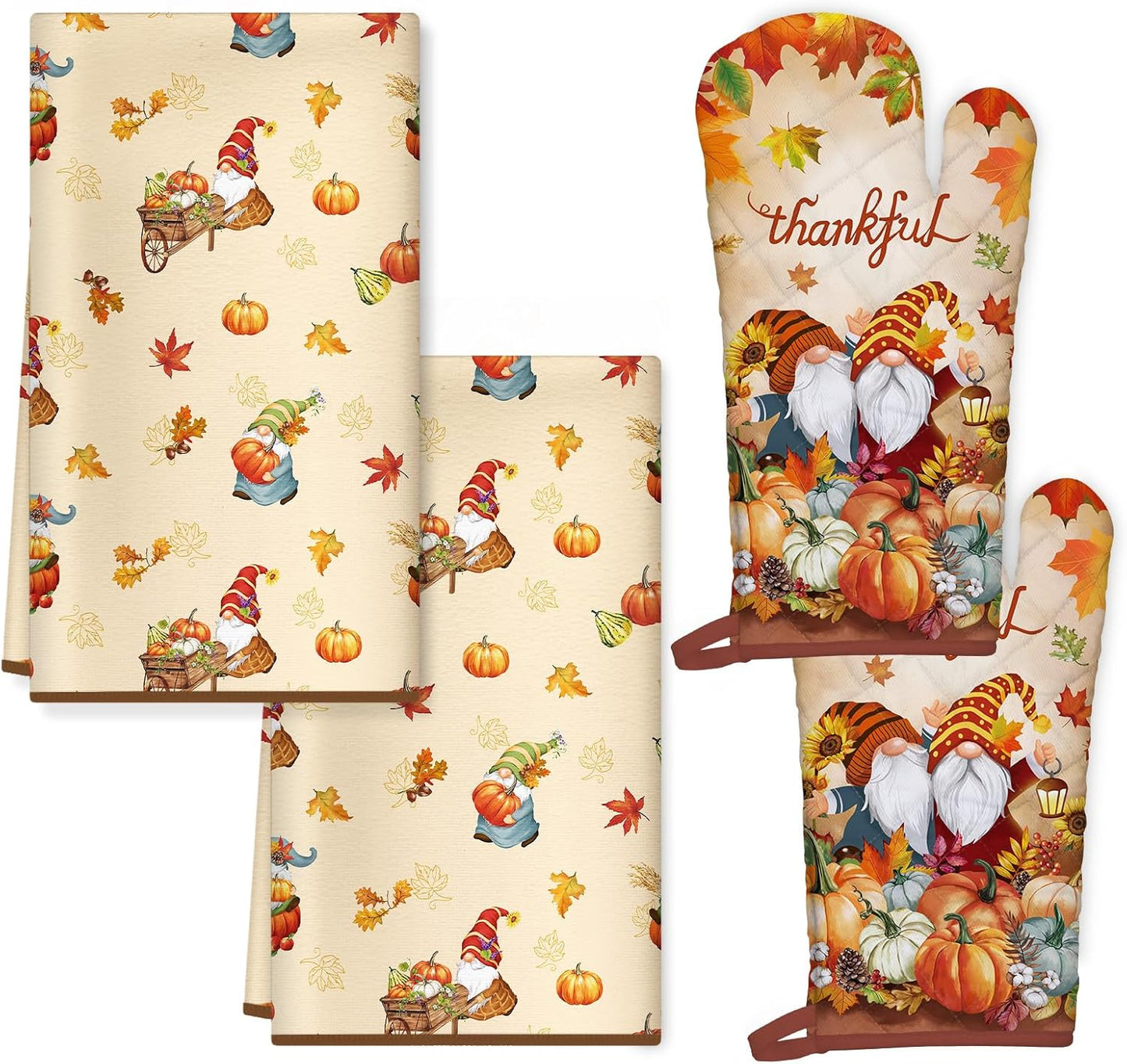 Fall Thanksgiving Gnome Kitchen Towels and Oven Mitts Set 4Pcs, Soft Absorbent Dish Cloth Heat Resistant Oven Gloves for Cooking Baking Kitchen Decoration, Gifts for Her