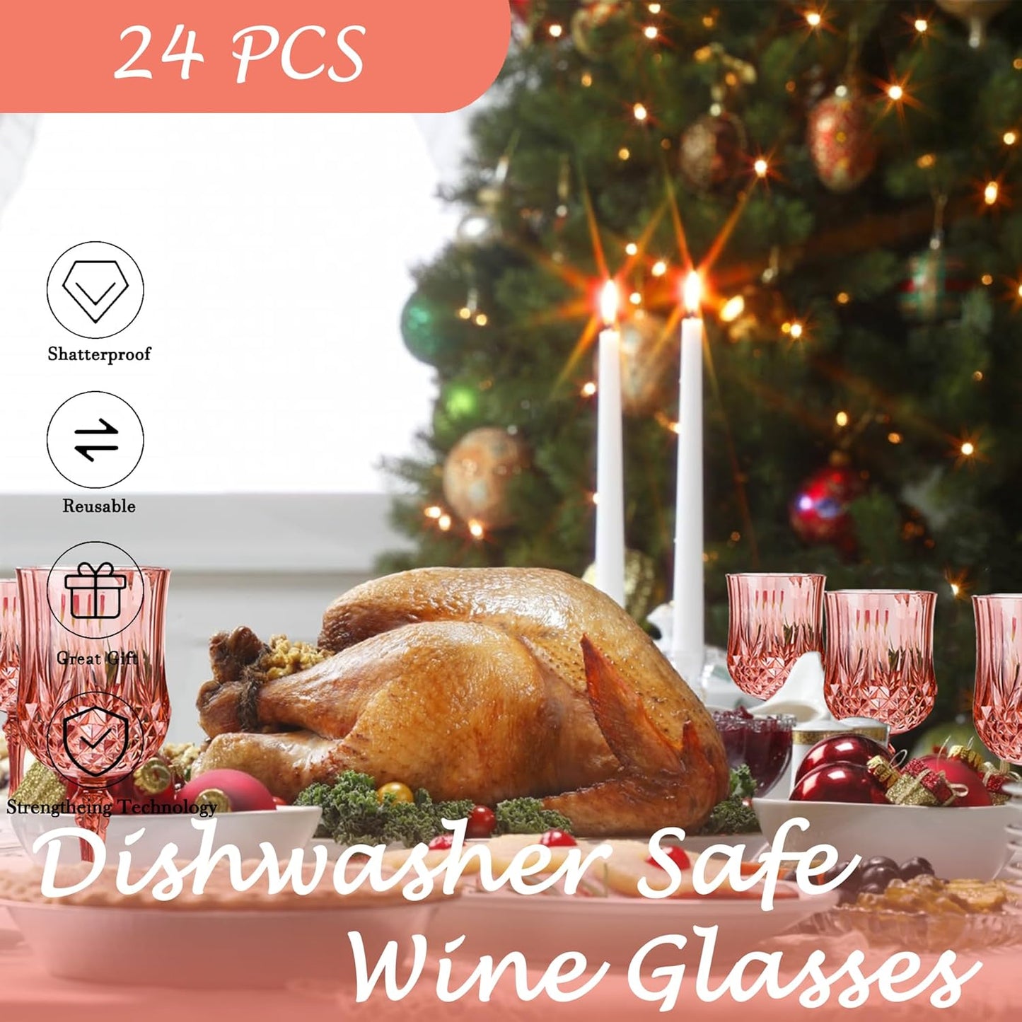 Plastic Wine Glasses，Plastic Goblets Vintage Style Cordial Drinking Glasses for Wedding Reception, Grand Event Party Supplies (24, Rose Gold)