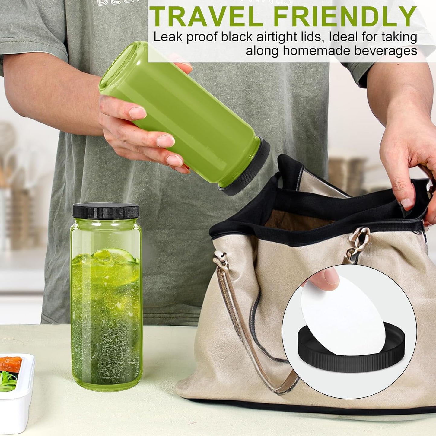 Ruckae Green 16oz 10 Pack Juice Bottles, Glass Bottles Juicing with Lids, Smoothie Cup Lids and Straws, Water Bottle Mason Jar Drinking Glasses for Juicing, Smoothies, Kombucha