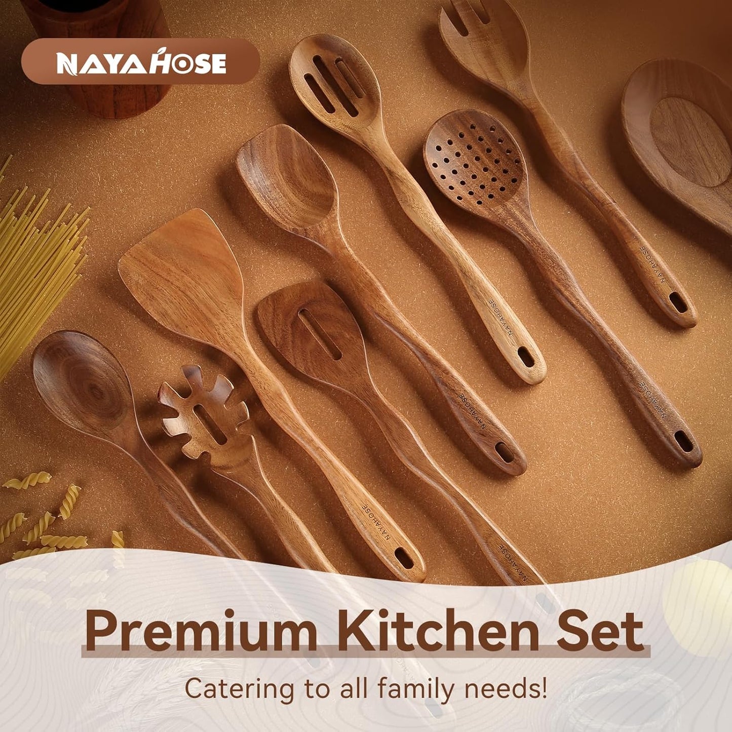 Wooden Spoons for Cooking with Holder,10Pcs Wooden Kitchen Utensil Set Non stick, Non Scratch Natural Teak Wooden Utensils for Cooking