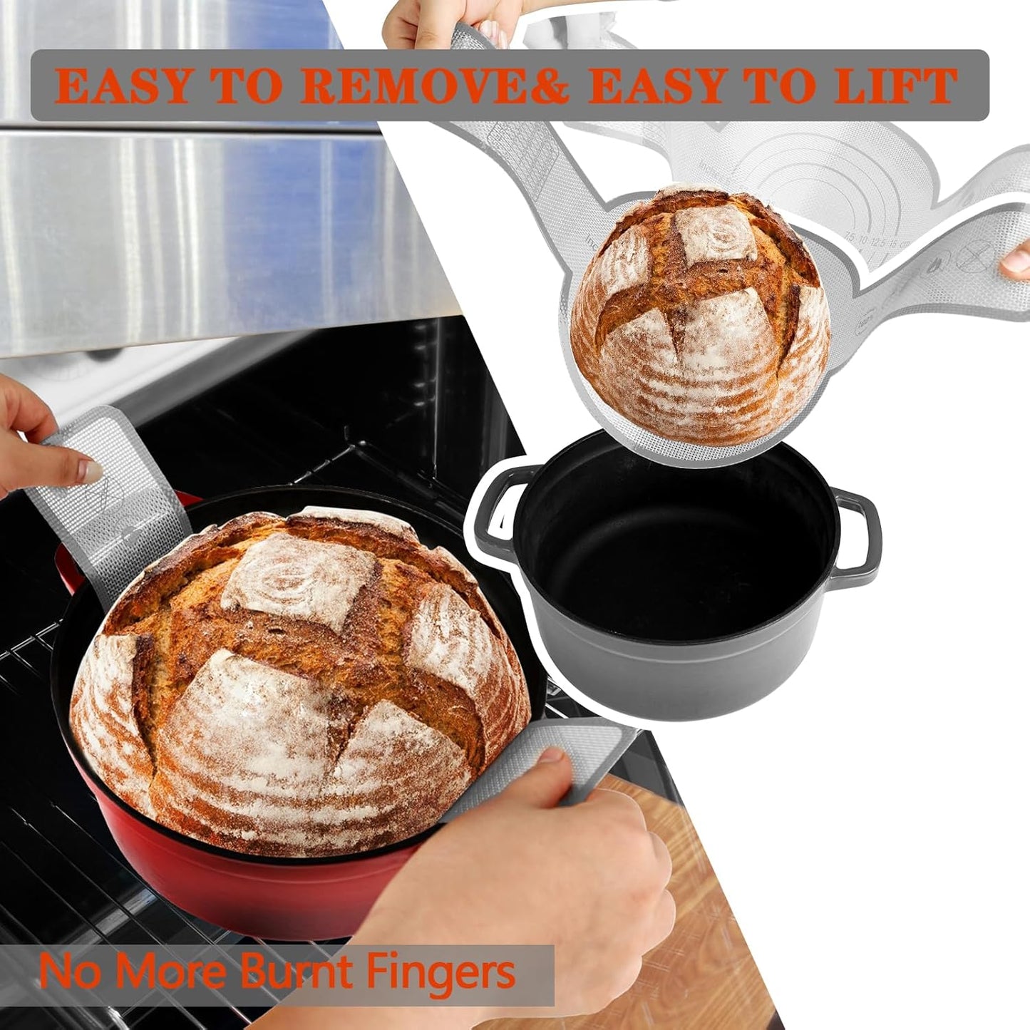 UBeesize Thickened Silicone Bread Sling, Reusable Sourdough Bread Baking Mat For Dutch Oven 2-8 Qrt, Non-Stick, Easy To Clean, With Extra Long Handles Bread Baking Sheet Liner, Grey