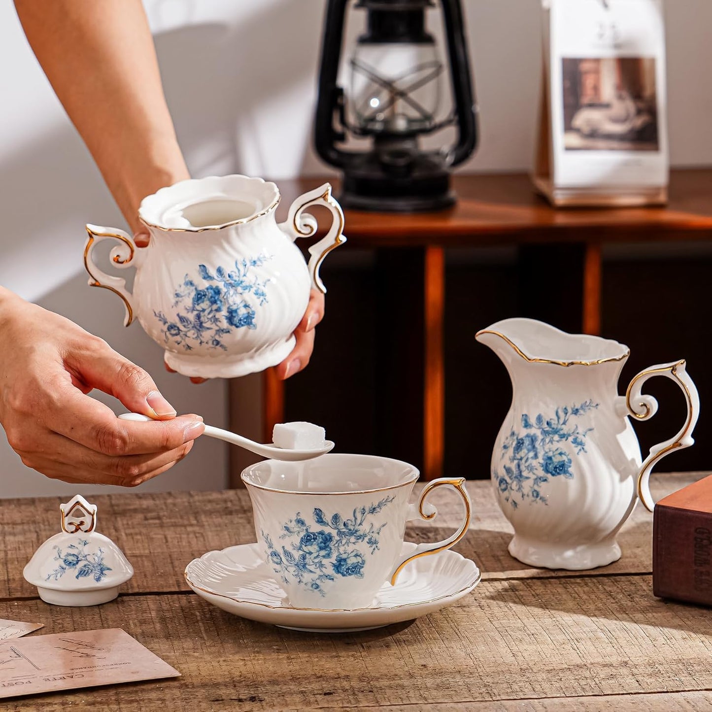 Sugar and Creamer Set Ceramic, Creamer Pitcher and Sugar Bowl with Lid,Sugar Cube Dish Coffee or Tea (White with blue flower)