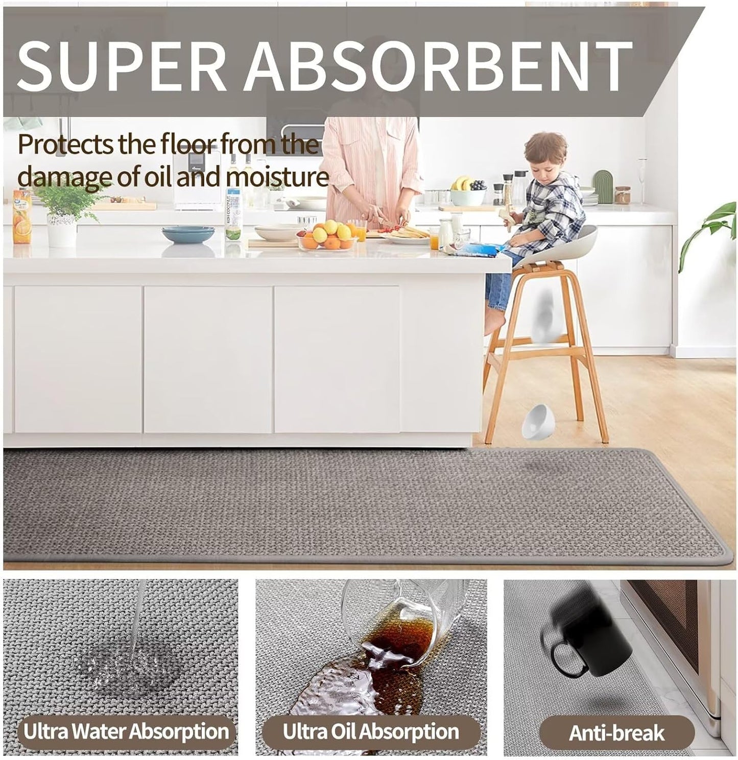 Kitchen Mat Set of 2 PCS, Cushioned Non Slip Rugs for Kitchen Floor, Absorbent Runner Comfort Standing Mats Washable for Kitchen, Office, Home Grey 17x30+17x47