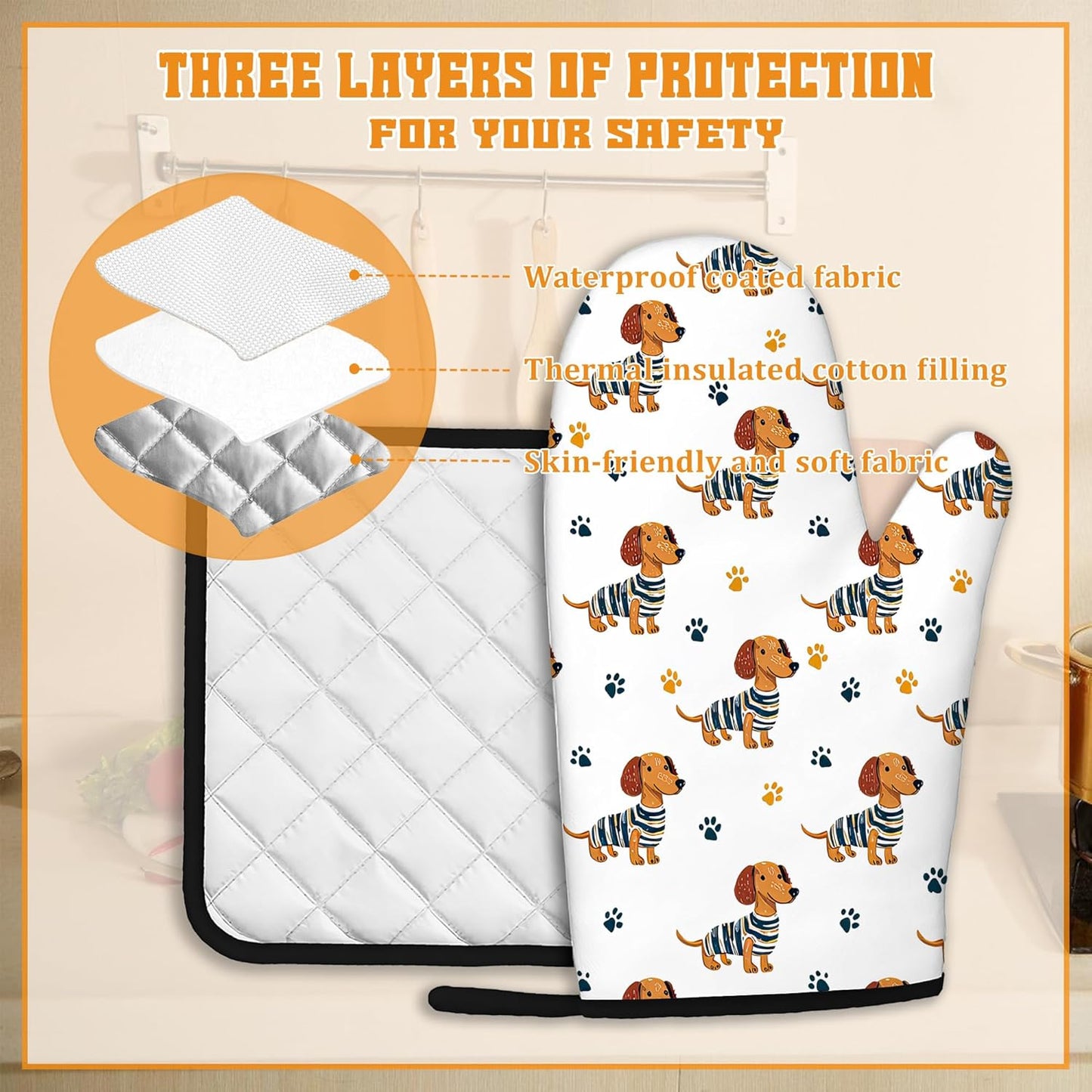 Cute Dachshund Dog Oven Mitts and Pot Holders,Paw Heat Resistant Oven Mitts Gloves and Pot Holder for Home Kitchen Decorations Cooking Baking BBQ Gifts,Set of 4