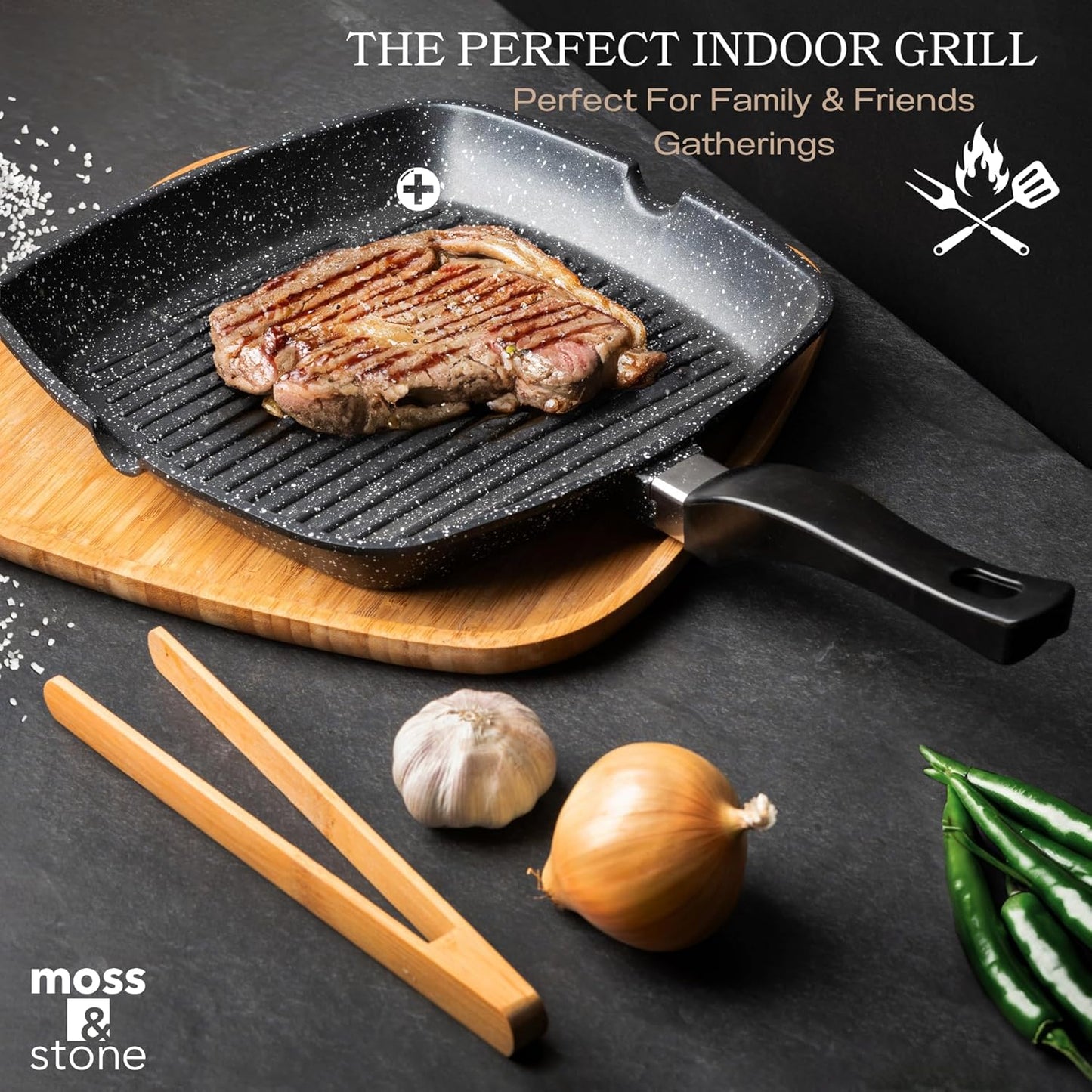 Moss & Stone Aluminum Nonstick Grill Pan for Stove Tops, Versatile Griddle Skillet with Pour Spouts, 11 Inch Square Grill Pan Big Cooking Surface, Durable Skillet For Indoor Cooking & Outdoor Grilling