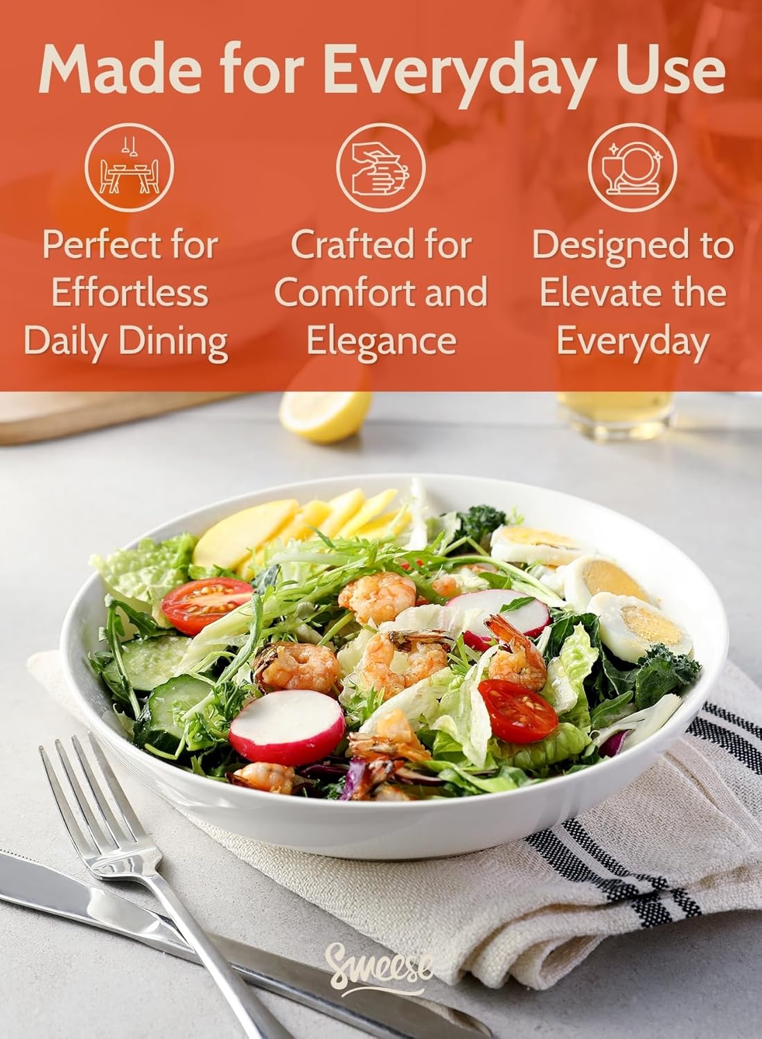 Sweese Large Salad Serving Bowls, 30 Ounce Porcelain White Pasta Plates Set of 6, 8.4 Inch Pasta Bowls for Dinner, Salad - Microwave Dishwasher