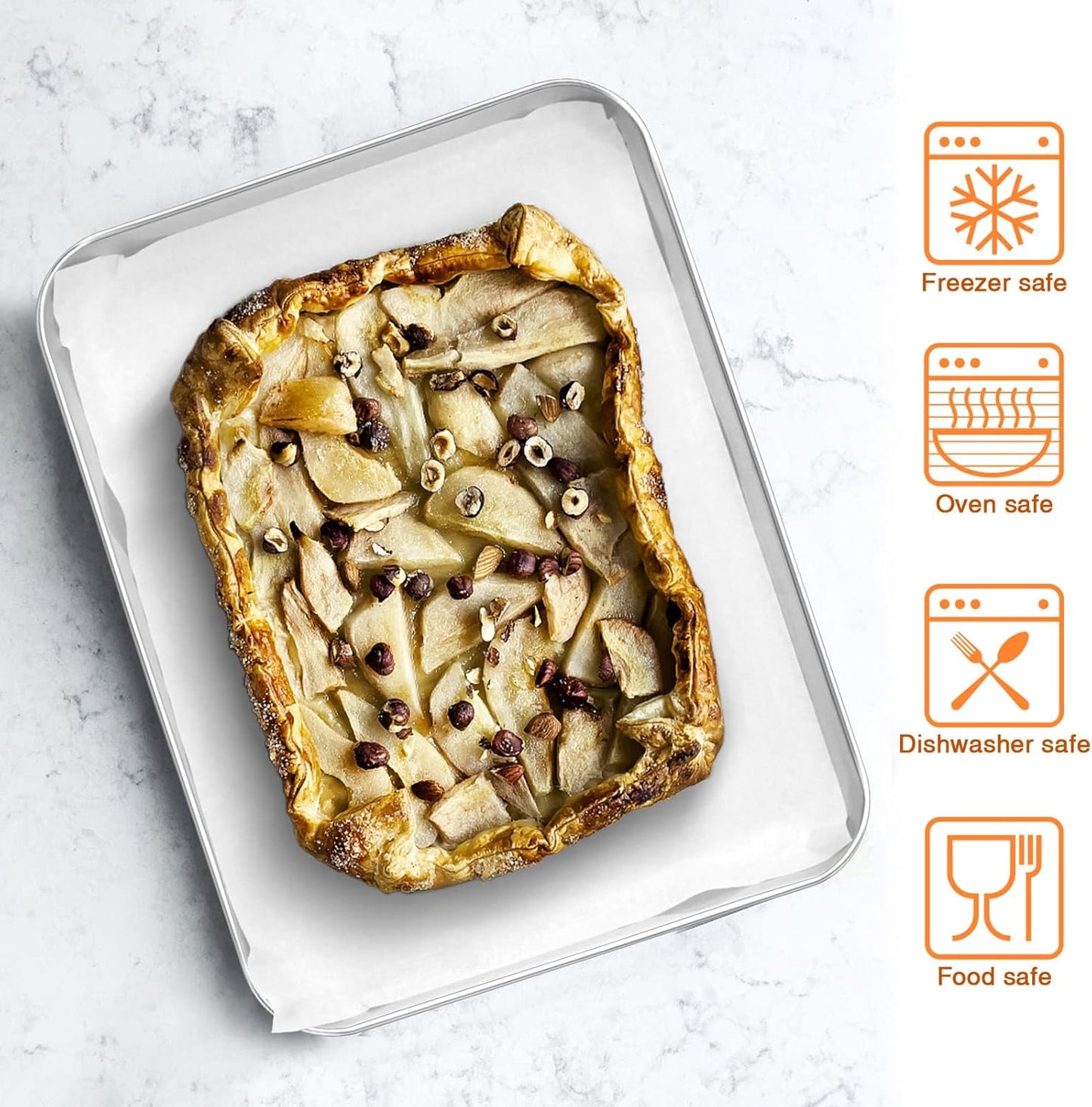 Small Baking Sheet Set of 2, E-far 10.5”x8.3” Stainless Steel Cookies Sheet Pan for Toaster Oven with 50 Parchment Paper, Rectangle Baking Tray for Cooking, Rust Free & Heavy Duty, Dishwasher Safe