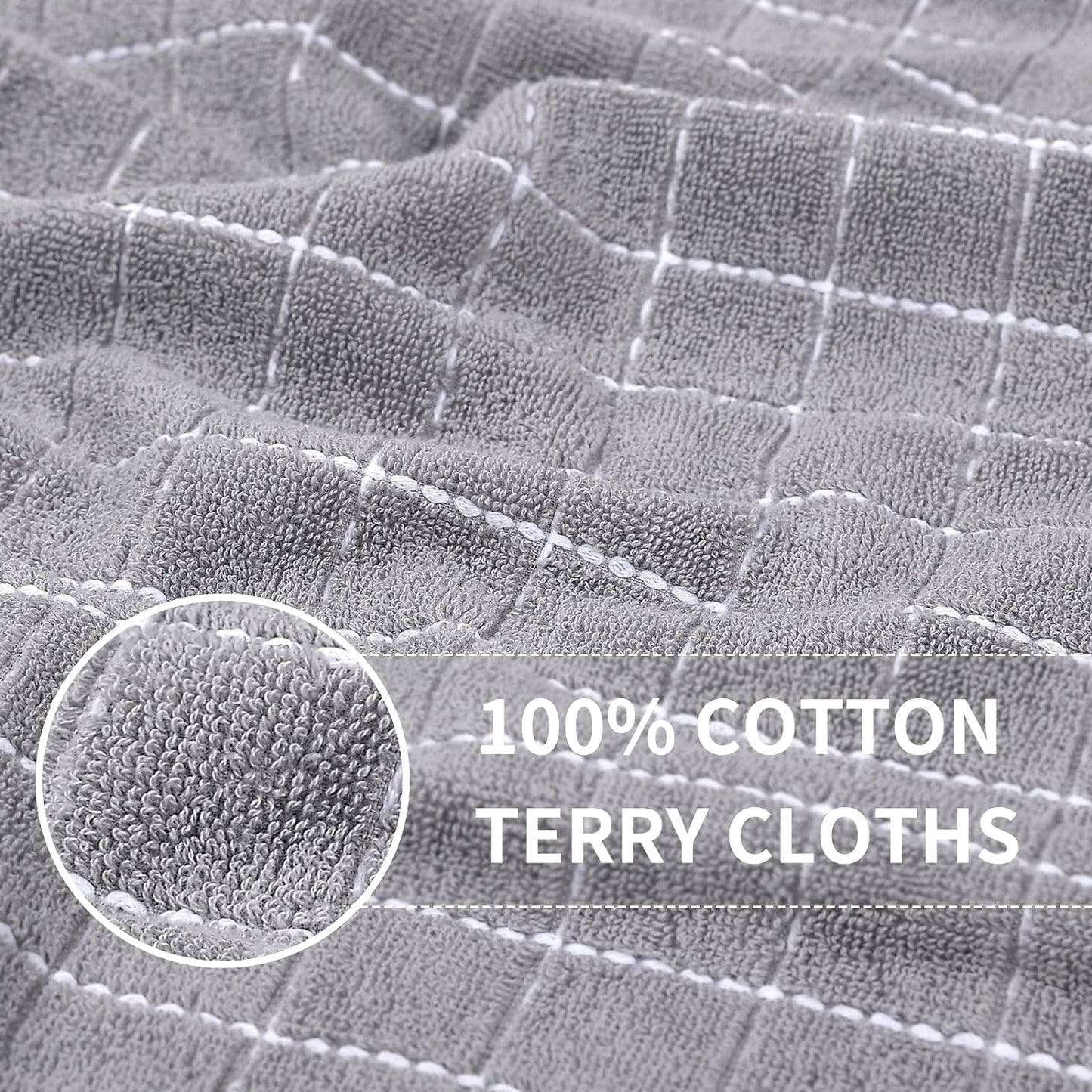 Homaxy 100% Cotton Terry Kitchen Towels(Light Grey, 13 x 28 inches), Checkered Designed, Soft and Super Absorbent Dish Towels, 8 Pack