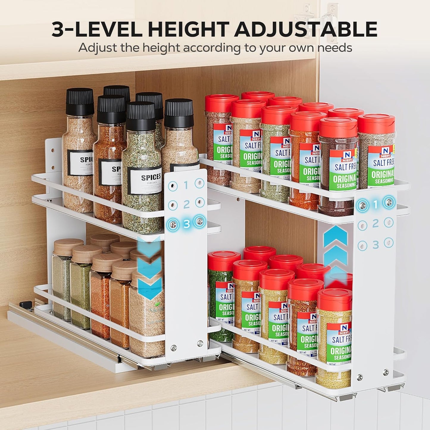 Nieifi Pull Out Spice Rack Organizer, 2 Tiers, White, Spice Organization for Cabinet, Height Adjustable, Easy to Install