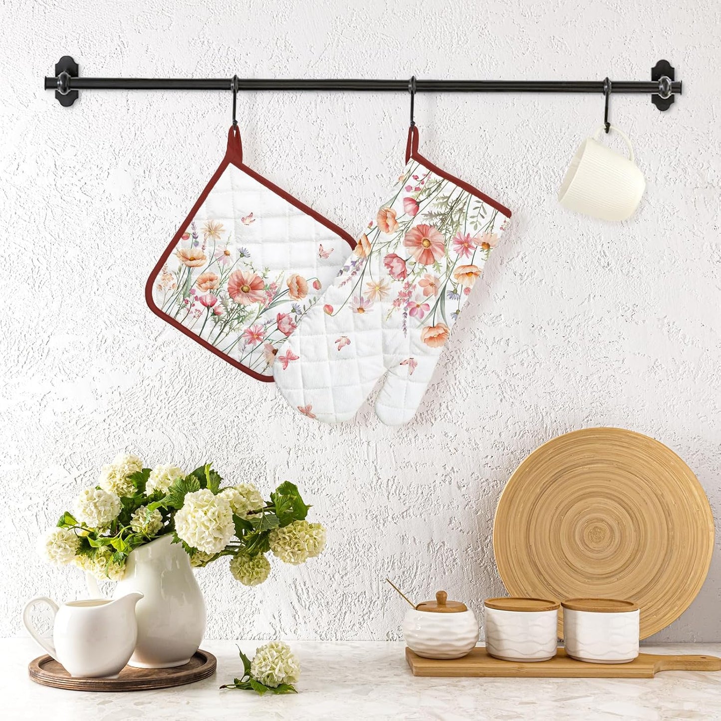 Pink Floral Oven Mitts and Pot Holders Sets 2Pcs, 100% Cotton Heat Resistant, Extra Long Oven Gloves Potholder for Kitchen Cooking Baking Decoration