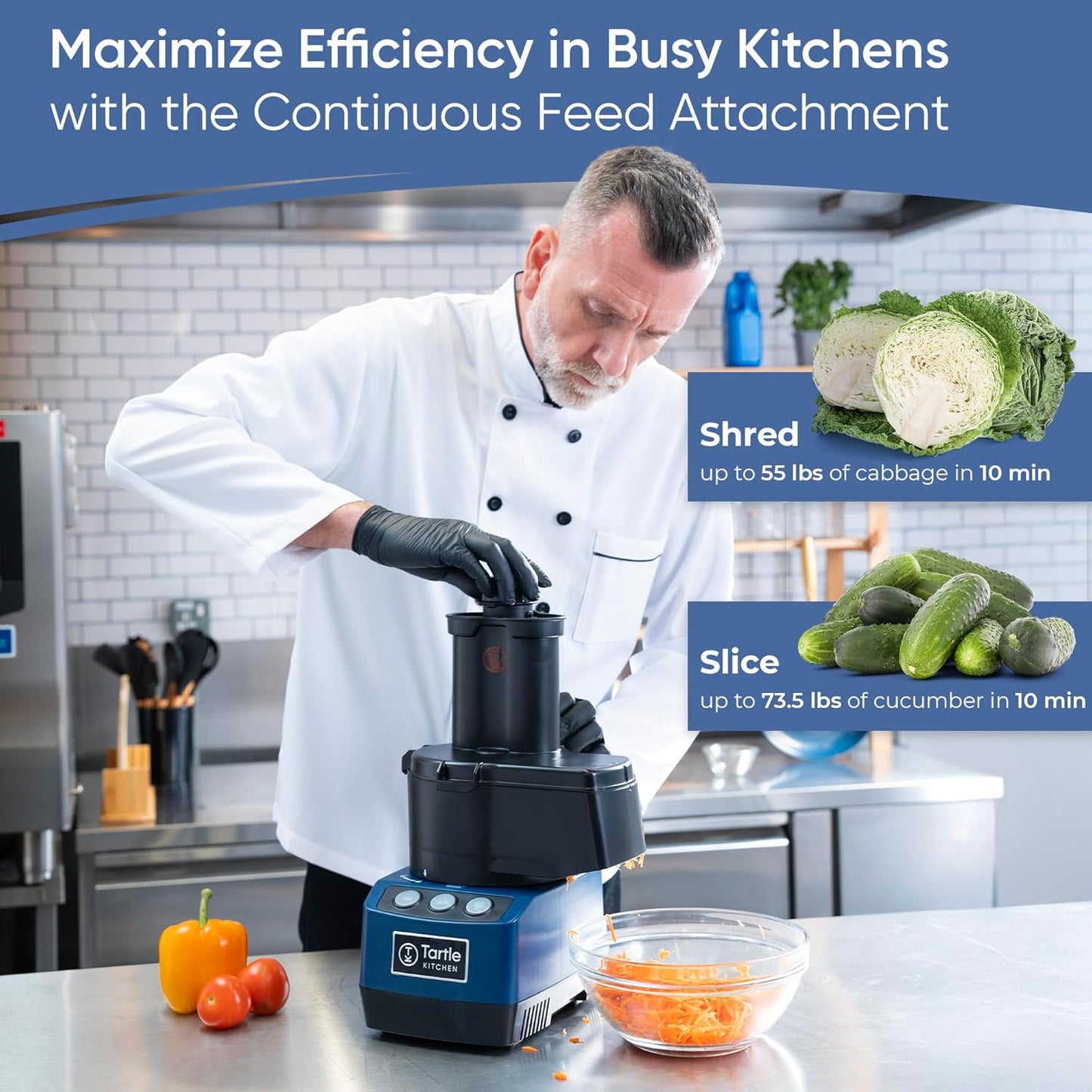 TK Tartle Commercial Food Processor - Heavy-Duty 600W Chopper, Slicer, Shredder & Blender w/Vegetable Prep Lid, Continuous Feed, 3L Mixer Bowl & Stainless Steel Blades