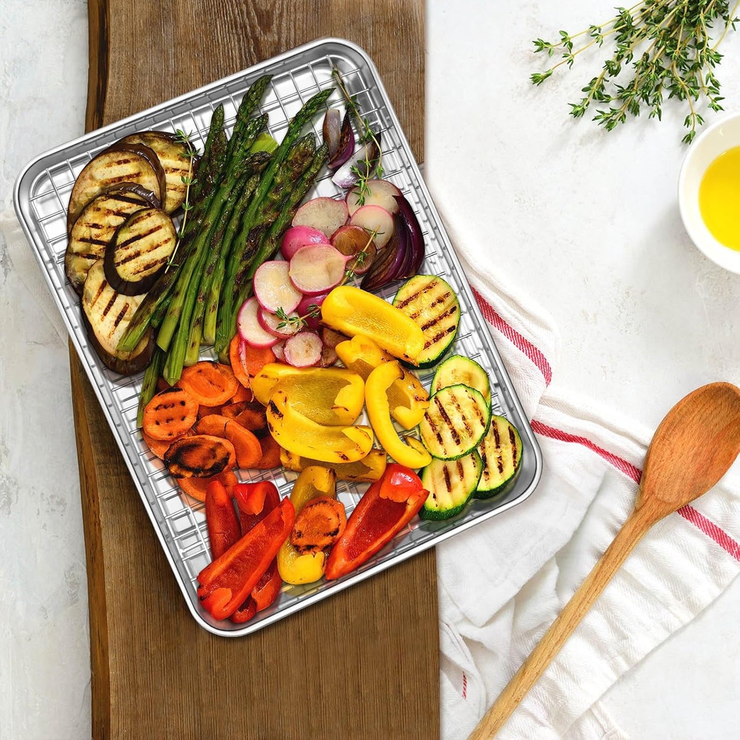 Quarter Sheet Pan with Cooling Rack, Leonyo 1/4 Cookie Sheets for Baking, Wire Rack for Cooking, Nonstick & Stainless Steel Baking Tray for Toaster Oven, Bacon - Size 12.5"x 9.7", 2 Trays + 2 Racks