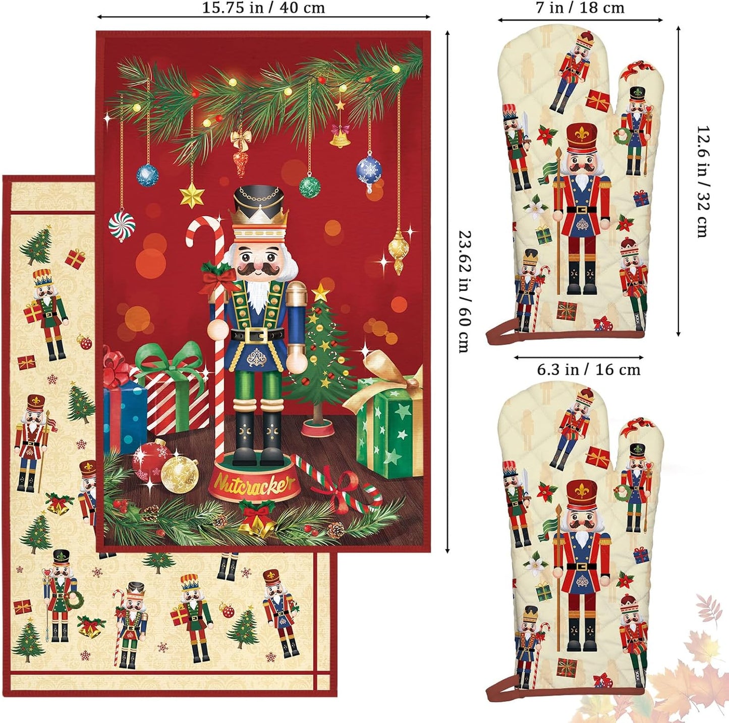 Christmas Nutcracker Kitchen Towels and Oven Mitts Set 4Pcs, Soft Absorbent Dish Cloth Heat Resistant Oven Gloves for Cooking Baking Kitchen Decoration, Gifts for Her