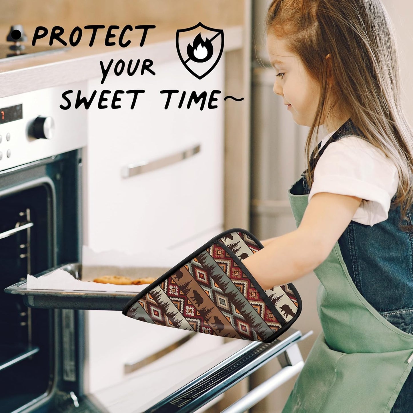 Western Aztec Bear Oven Mitts Set, Camping Camper RV Gifts, Aztec Native Tribal Heat Resistant Kitchen Oven Gloves for Baking and Cooking,Pot Holders