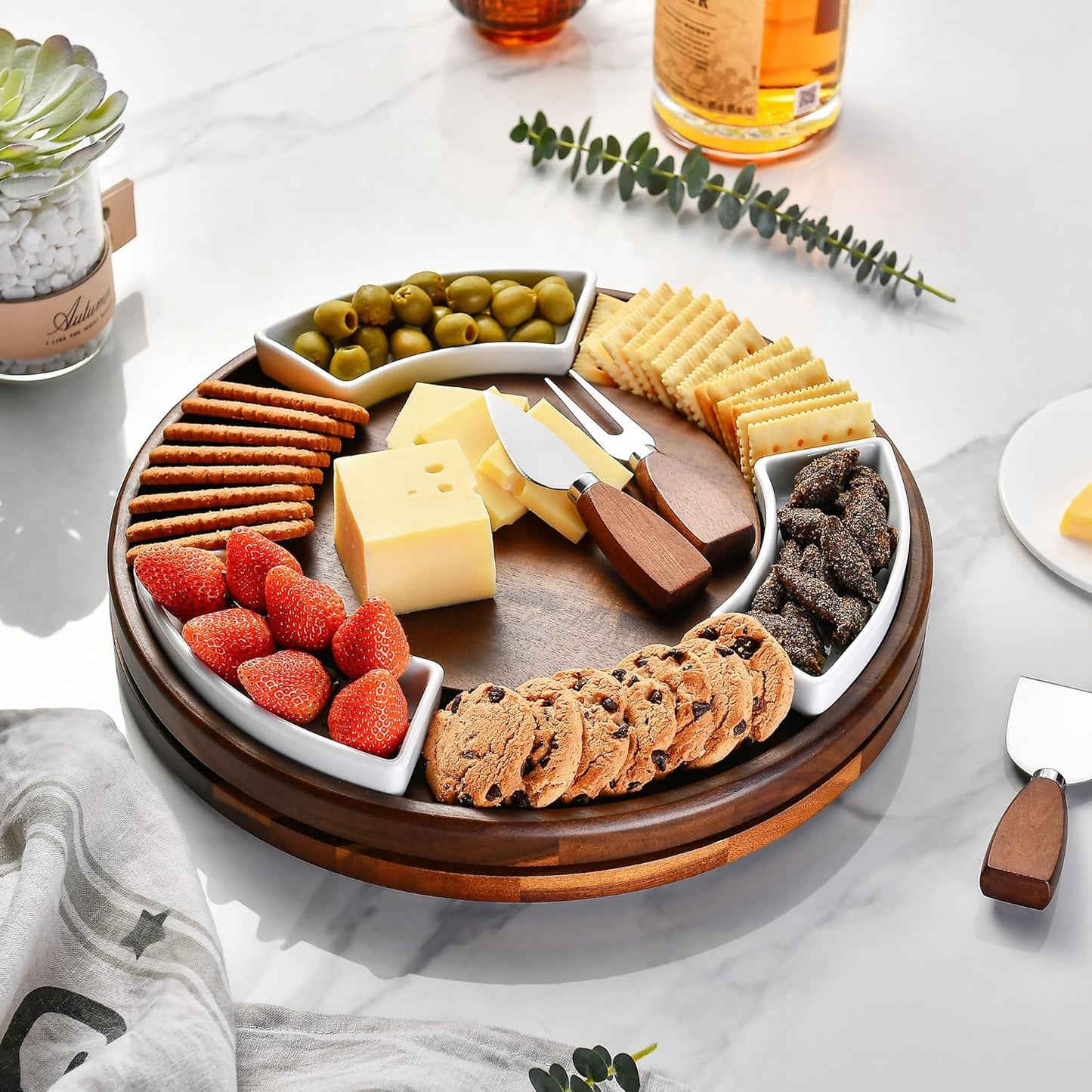 Shanik Acacia Wood Lazy Susan Cheese Board – Rotating Serving Platter for Cheese, Charcuterie, Appetizers, and Snacks, Entertaining, Parties, and Family Gatherings