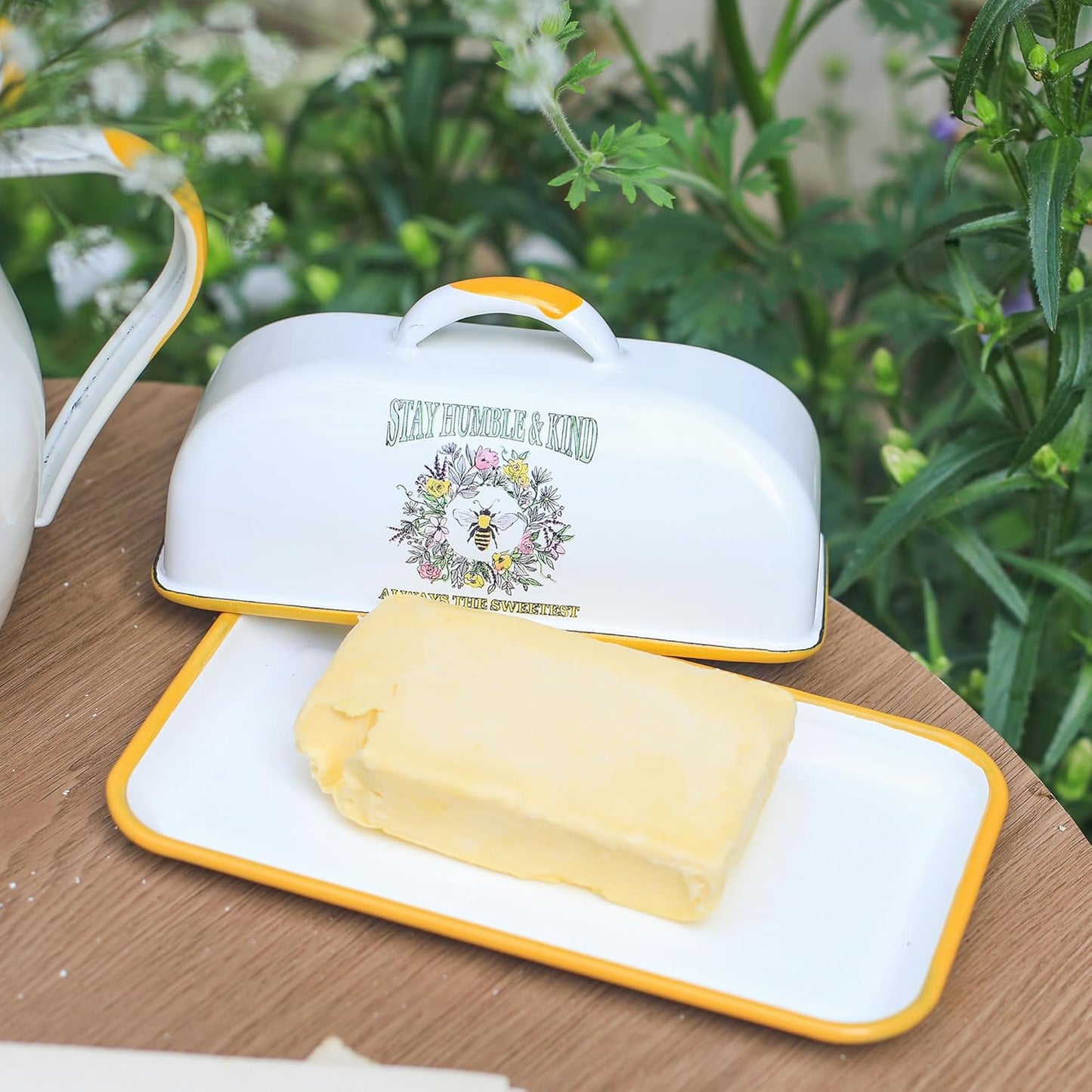 Enamel Butter Dish with Lid Vintage Enamelware Butter Keeper with Flower and Bee Patterns Farmhouse Butter holder Butter container for Kitchen Decor