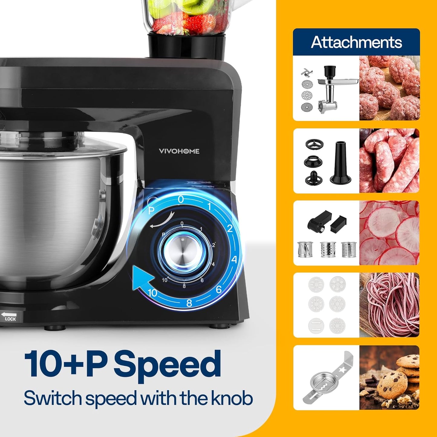 VIVOHOME 6 in 1 Multifunctional Stand Mixer with 8.5 Quart Stainless Steel Bowl, 660W 10 Speed Tilt-Head Meat Grinder, Juice Blender, Vegetable Slicer, Pasta and Cookie Maker, Black