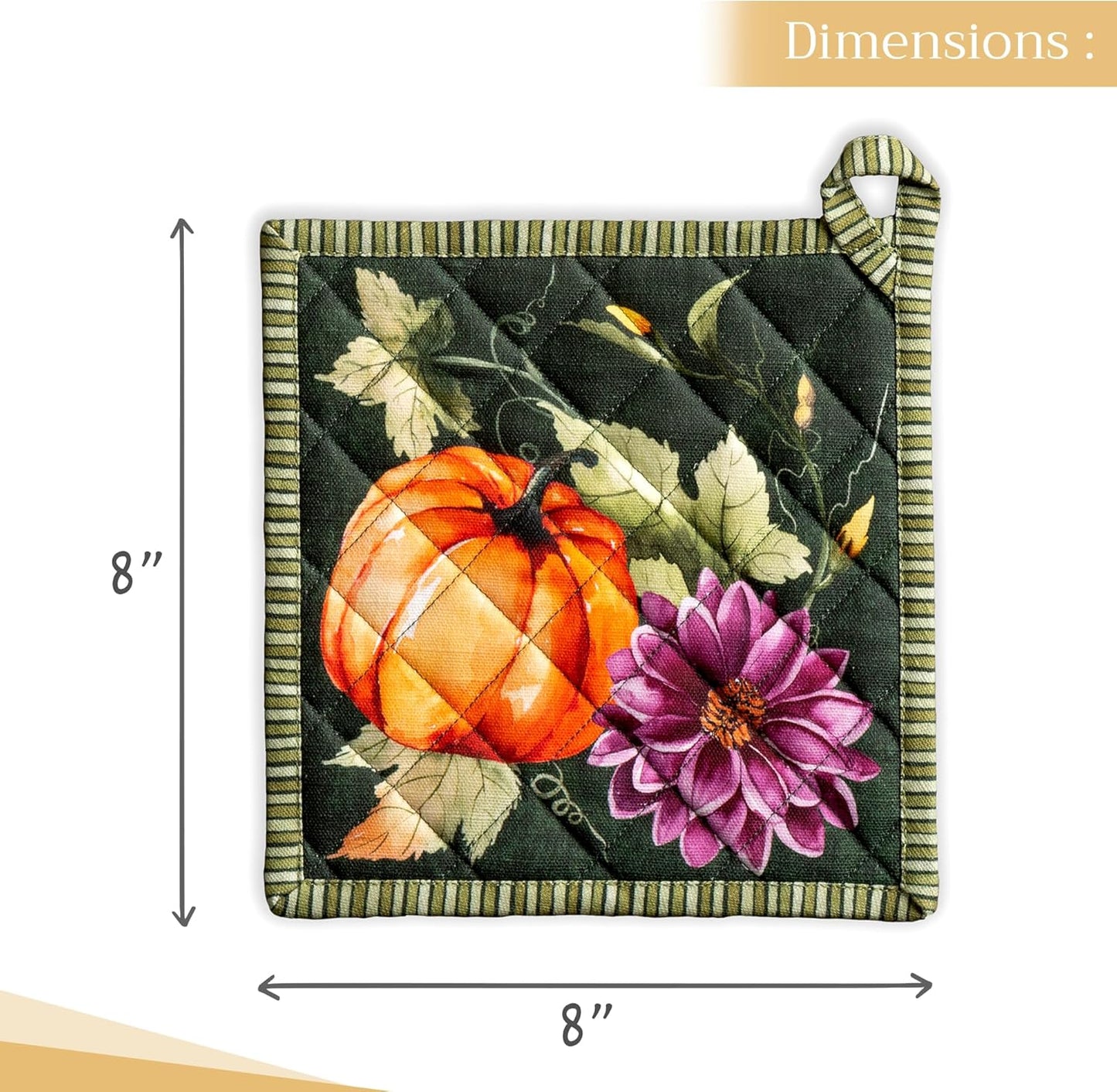 Maison d' Hermine Pot Holders Set 100% Cotton Heat Resistant Potholders 8" x 8" Hot Pads with Loop BBQ, Cooking, Baking, Grilling, Kitchen, Handling Hot Pans (Pack of 2, Pumpkin Garden - Dark Green)