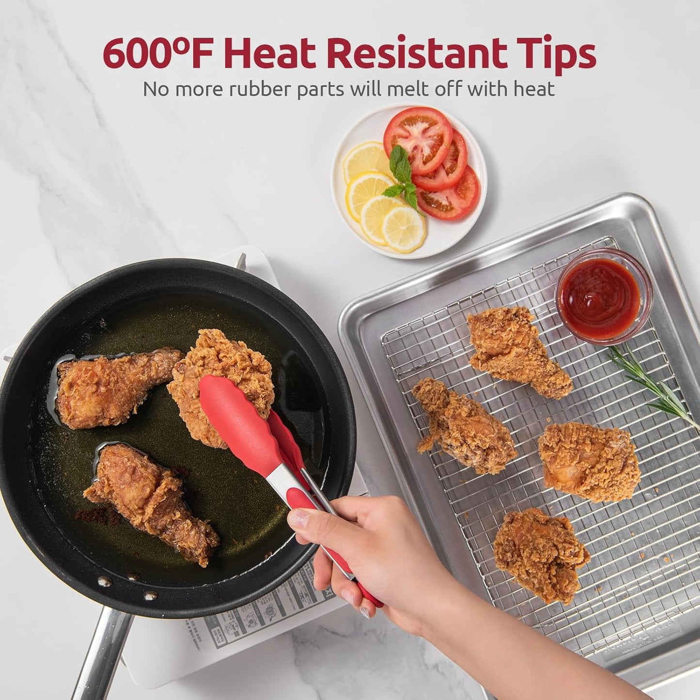 600ºF Heat Resistant Kitchen Tong: U-Taste 7 inch Silicone Cooking Tong with Firm Sealed Non Stick Rubber Tips & Silicon Coated 18/8 Stainless Steel Handle & Smooth Locking for Serving Salad (Red)