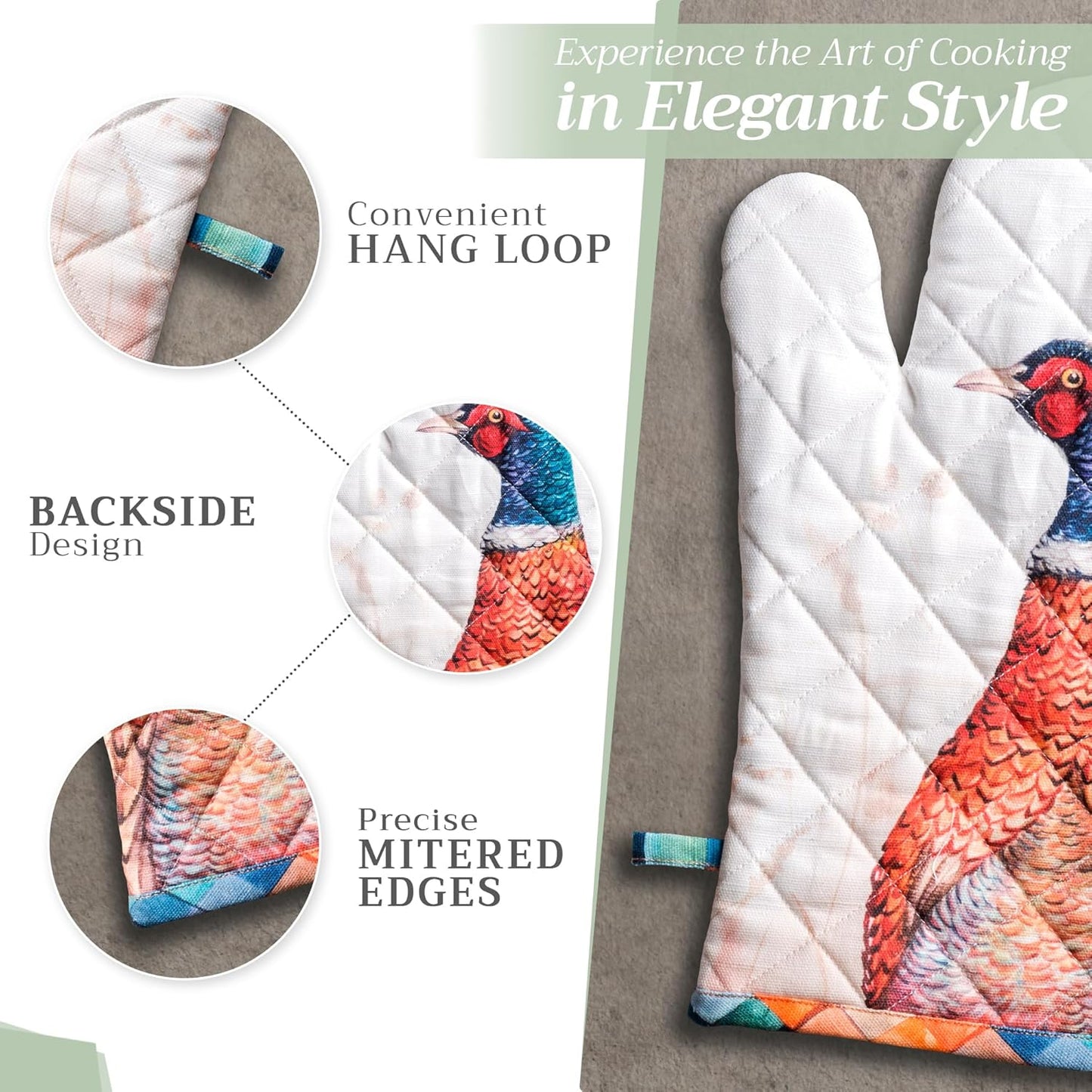 Maison d' Hermine Oven Gloves 100% Cotton Oven Mitt 7" x 13" with Loop Heat Resistant, BBQ, Cooking Gloves, Baking, Grilling, Kitchen, Handling Hot Pans (Pack of 1, Faisan D'Automne)