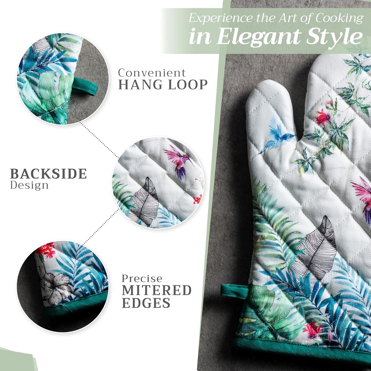 Maison d' Hermine 100% Cotton Oven Mitt & Pot Holder Set (7.5"x13" & 8"x8") Heat Resistant BBQ Cooking Gloves with Loop, Baking, Grilling, Kitchen, Handling Hot Pans Spring/Summer (Tropiques)