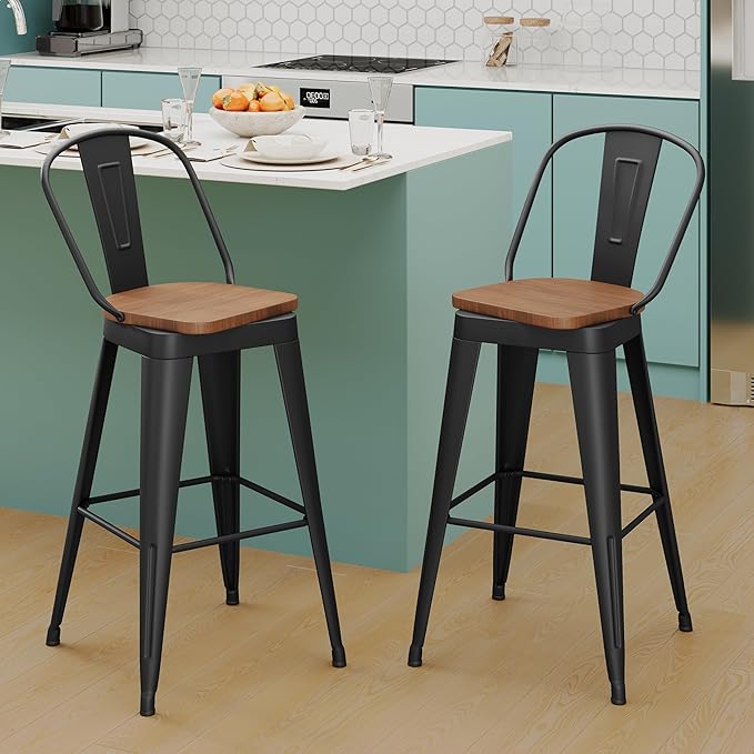 Aklaus Swivel Metal Bar Stools 30 inch Swivel Bar Height Barstools Set of 2 Modern Farmhouse Bar Chairs with High Backs and Large Wooden Seat for Kitchen Island Dining Room Matte Black