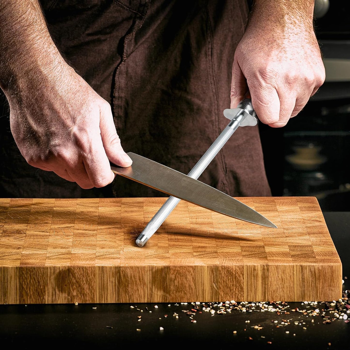 Knife Sharpener Rod, Kitchen Knives Sharpener Carbon Steel Professional Knife Sharpening Steel, Honing Rod with Hanging Holes (13 inches), H