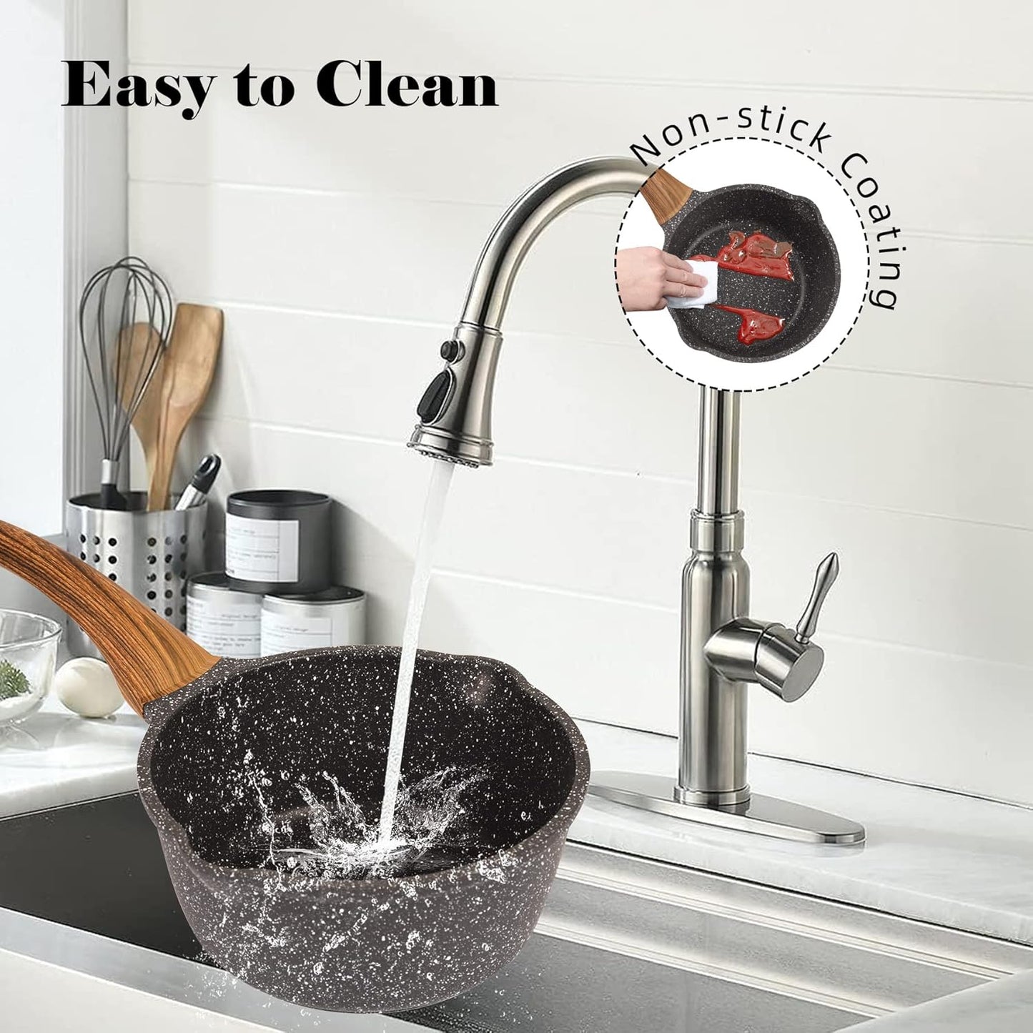 Nonstick Saucepan with Lid, 1.8 Quart Classic Black Granite Coated Pasta Soup Pot for All Stovetops, 7 Inch Small Sauce Pan for Cooking Sauce Soup and Milk