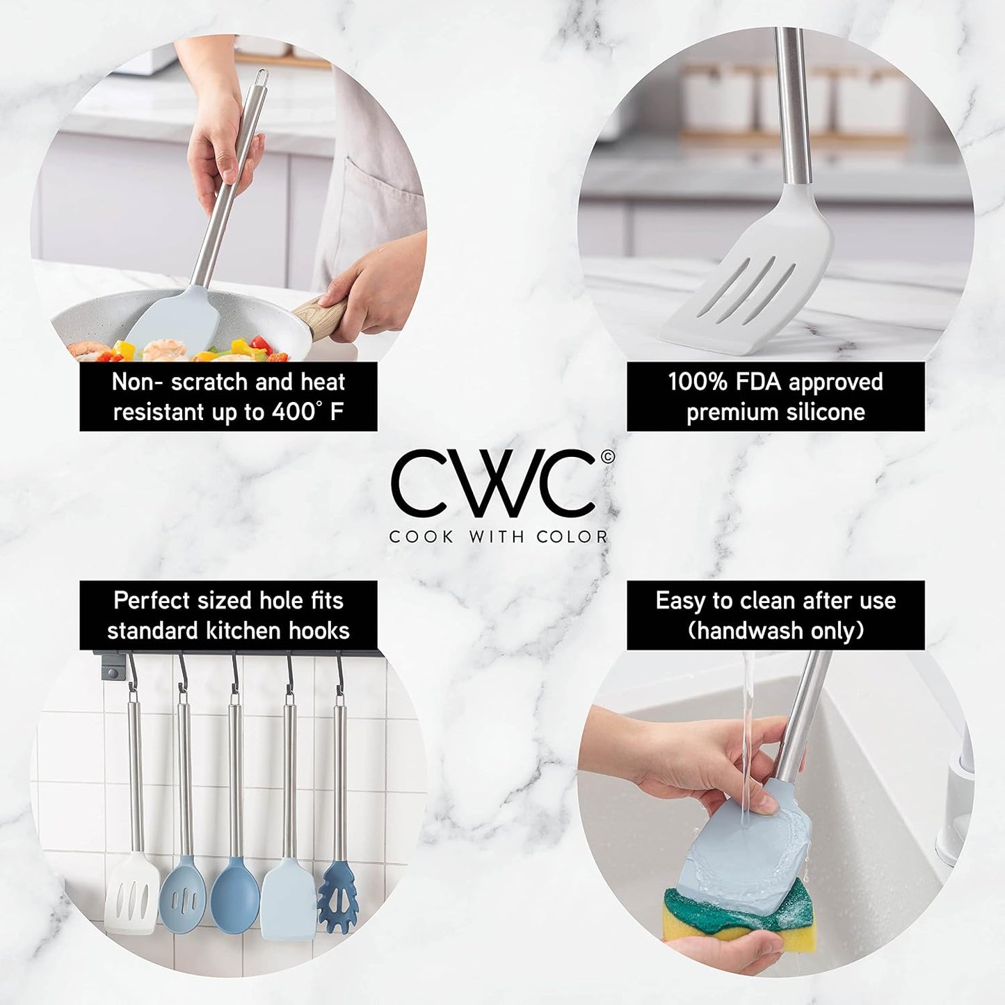 COOK WITH COLOR Silicone Cooking Utensils, Kitchen Utensil Set, Easy to Clean Silicone Kitchen Utensils, Cooking Utensils for Nonstick Cookware, Kitchen Gadgets Set, 5 Pieces, Blue and White