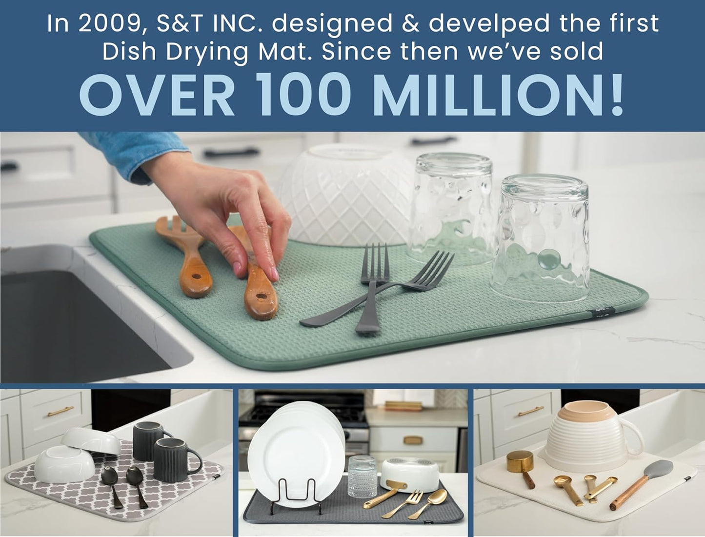 S&T INC. Dish Drying Mat, 16” x 18”, Absorbent Microfiber Kitchen Counter Mat, Dish Drying Pad for Dishes, Utensils, Pots and Pans, Large, Tapestry Blue