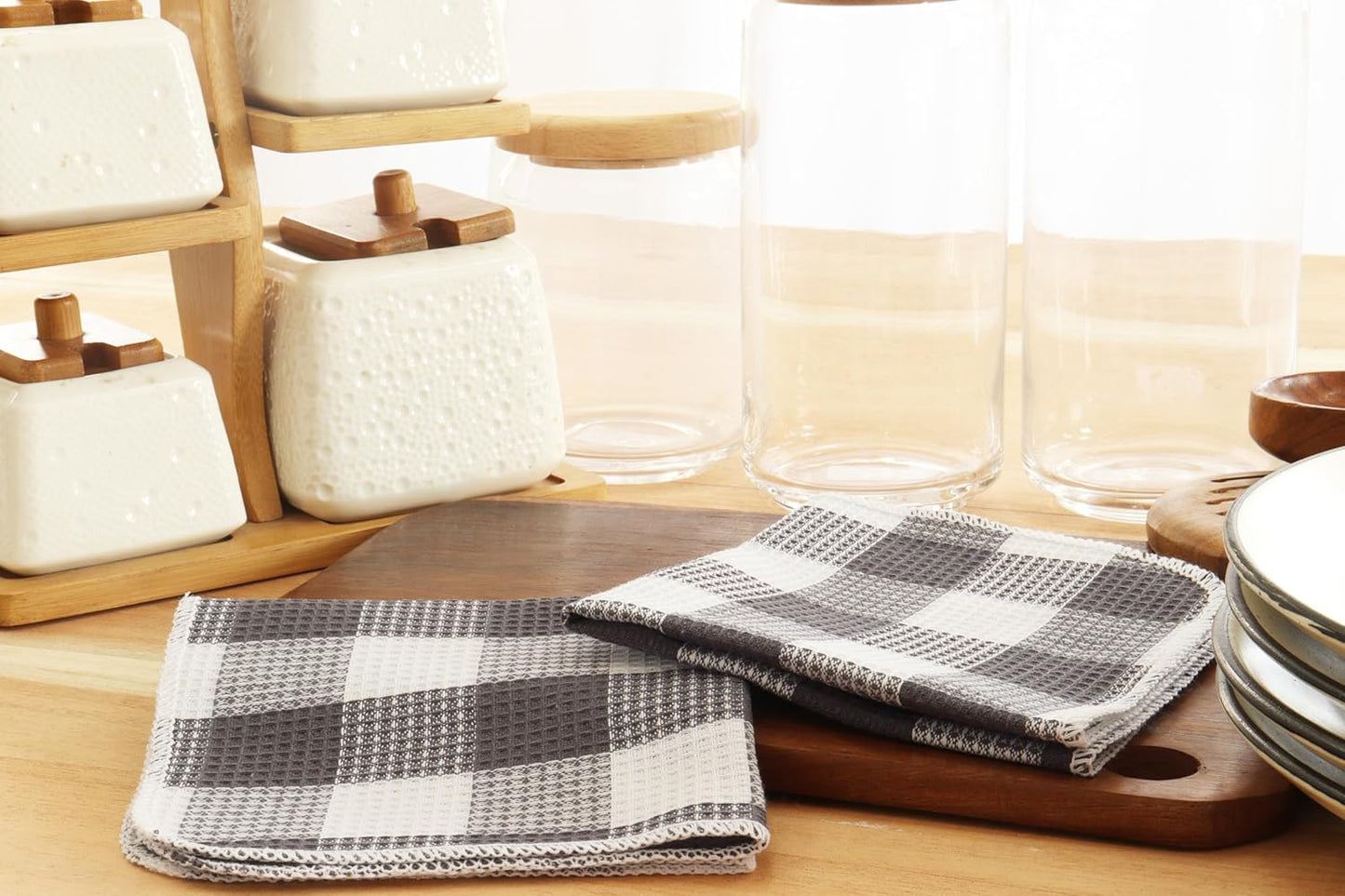 Waffle Weave Plaid Dish Cloths, 100% Cotton - 12 x 12 Inches, Ultra Soft Absorbent Quick Drying Dish Towels Buffalo Check Dish Rags for Kitchen, 8 Pack - Spring Summer - Steel Grey & White
