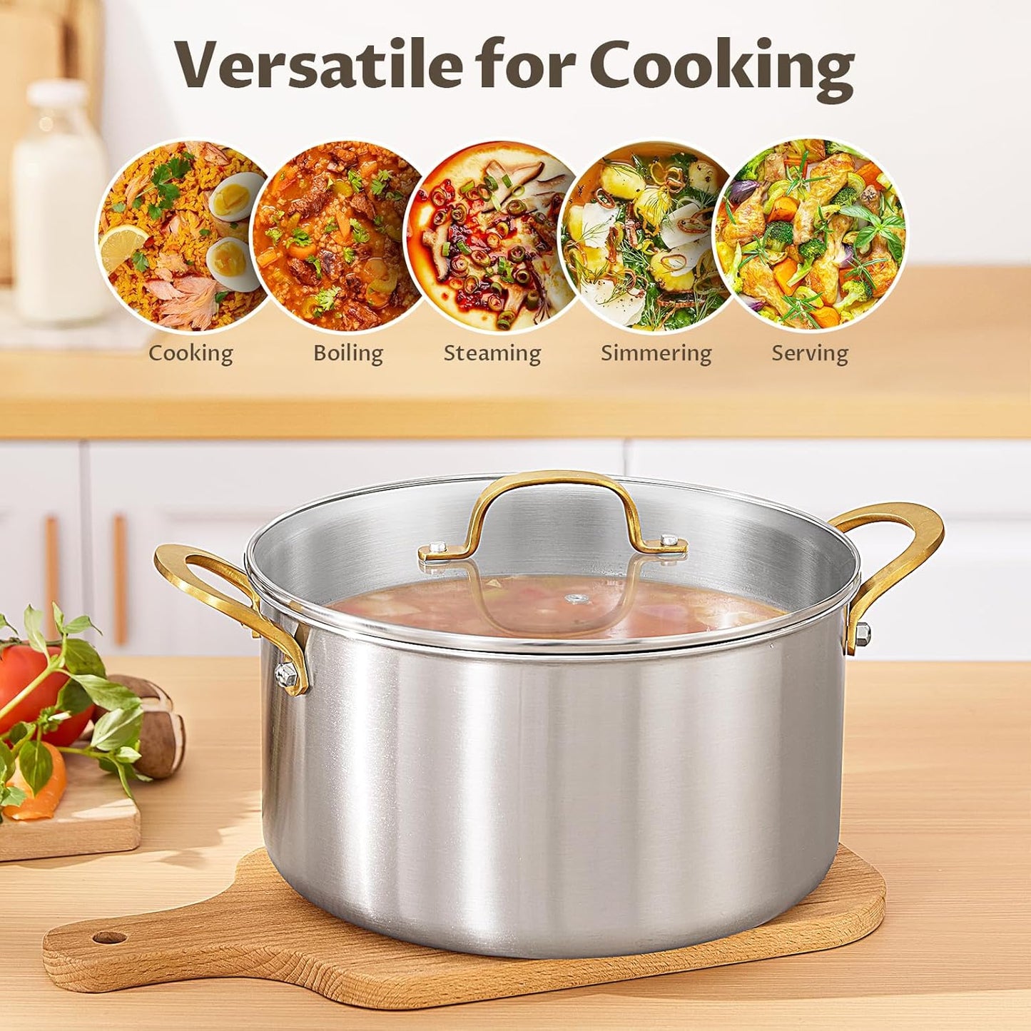 BEZIA 10 Quart Tri-Ply Stainless Steel Stock Pot, Nonstick Stockpot with Sturdy & Double Handle, Even Heating, Induction Cooking Pot for All Stoves, Large Soup Pot for Catering，Groups, Events, Silver