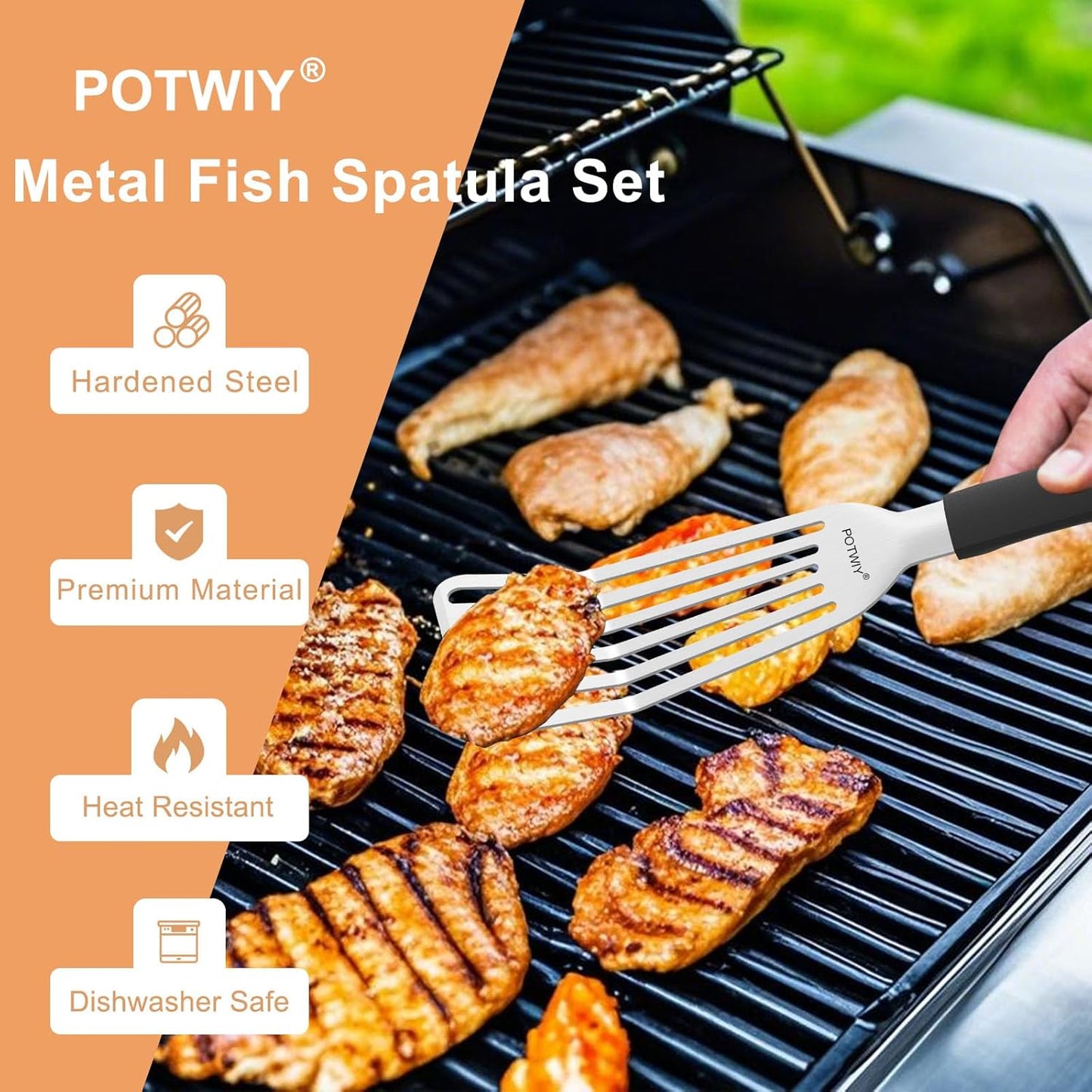 Fish Spatula Stainless Steel, 2 Pcs Metal Spatula Set for Kitchen and Grilling, Slotted Turner with Silicone Handle for Cast Iron Skillet, Cooking Utensils for Fish, Burger, Egg, 13.5" & 11.6"