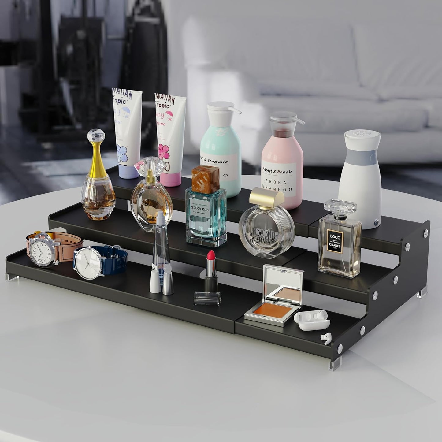 Expandable Spice Rack Storge organizer with 3-Tier step shelf for cabinet,seasoning racks organizion.Great for Kitchen countertop shelves,Pantry and more(2packs/Black)