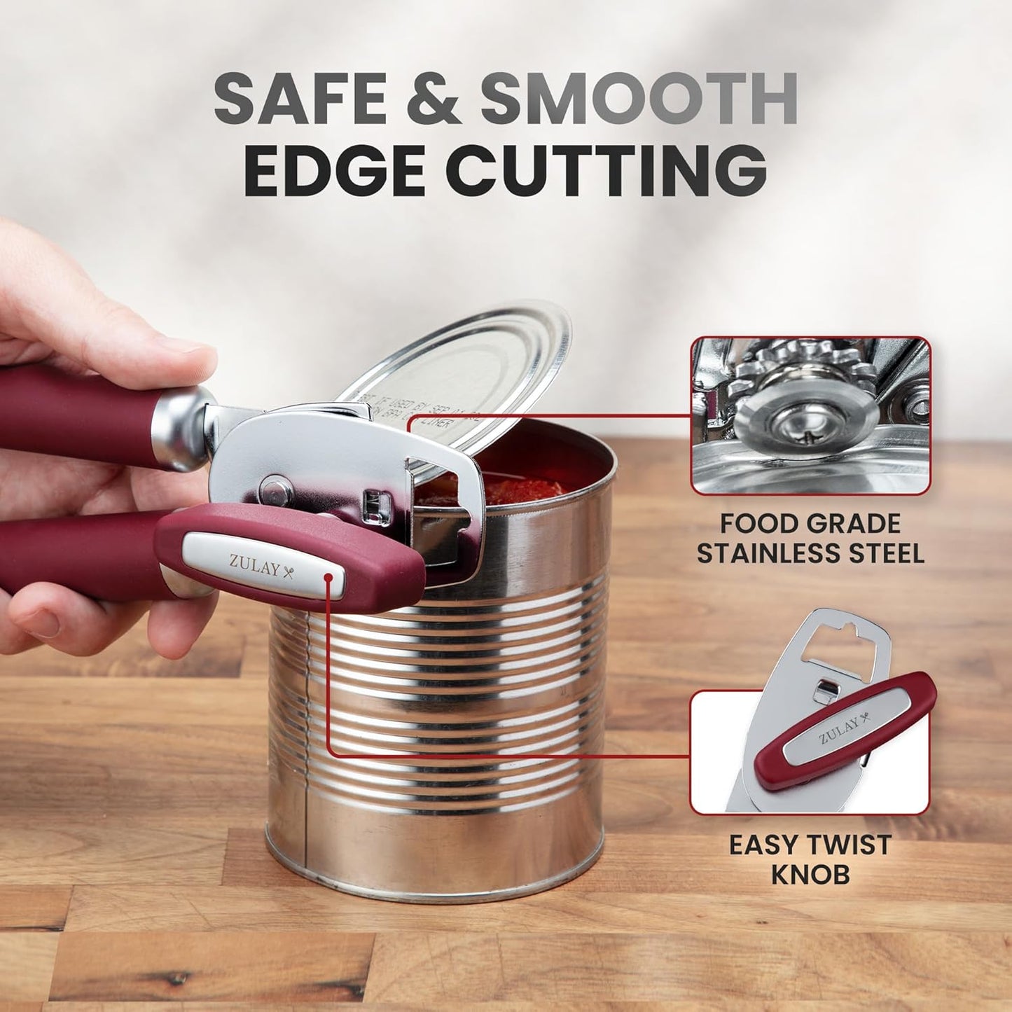 Zulay Kitchen Heavy Duty Stainless Steel Can Opener Manual with Bottle Opener - Rust Proof Manual Can Opener With Turn Knob & Comfy Soft Grip Handles - Deep Red
