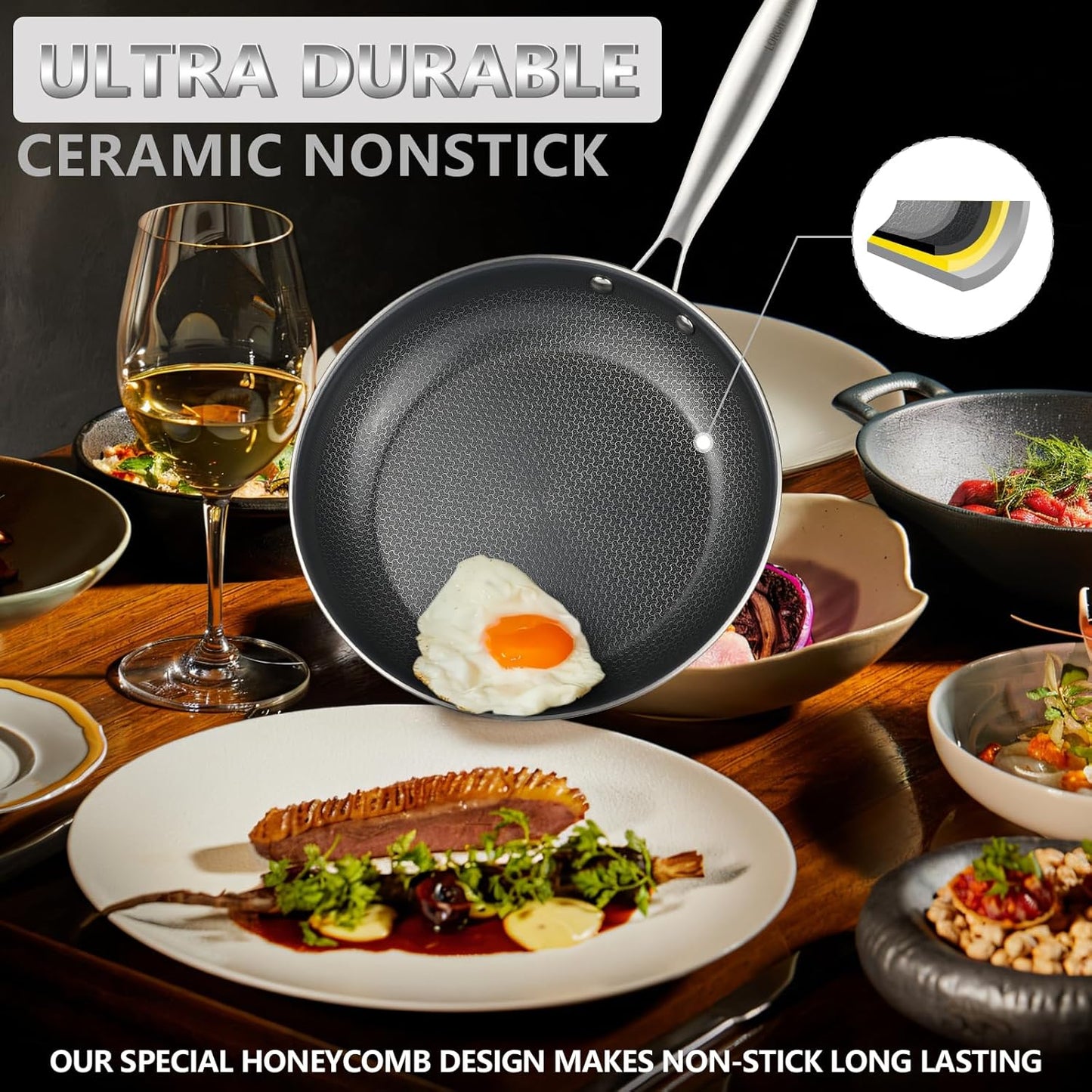 Stainless Steel Nonstick Frying Pan, Hybrid Ceramic 8-Inch Frying Pans, Stay-Cool Handle, PFAS & PFOA PTFE Free, Dishwasher & Oven Safe, Scratch-Resistant, Compatible with Induction & All Cooktops