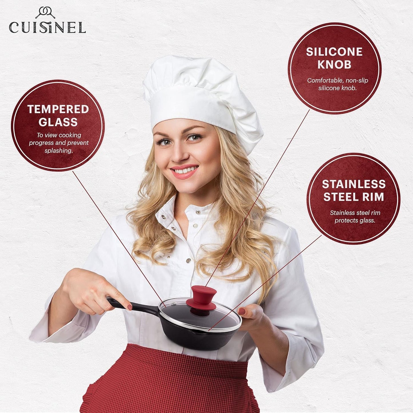 Cuisinel Glass Lid with Steam Vent Hole - 6"-Inch/15.24cm - Compatible with Lodge Cast Iron Skillet Pan - Fully Assembled Universal Replacement Cover - Tempered, Oven Safe - Reinforced Stainless Rim