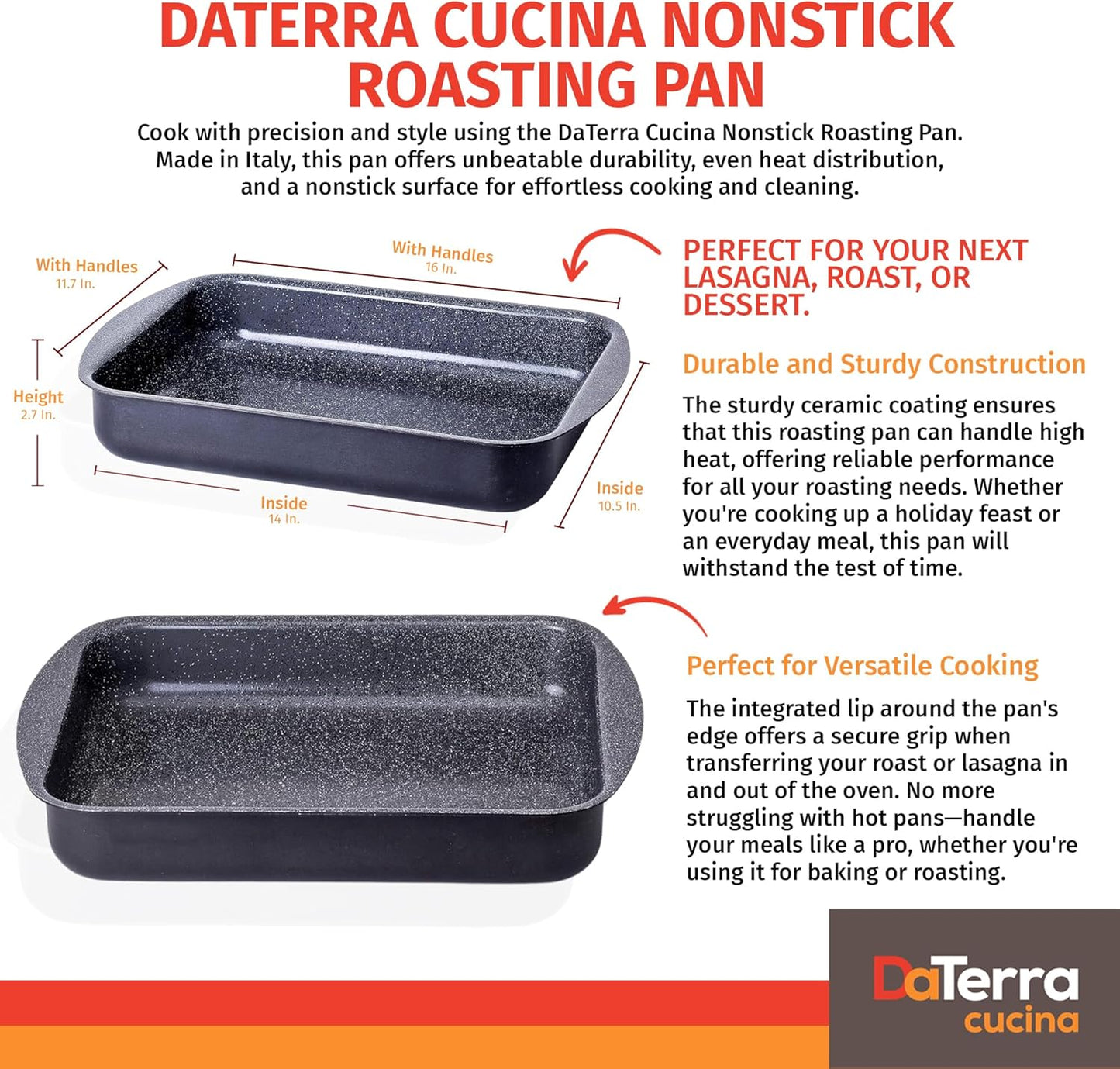 DaTerra Cucina Roasting & Lasagna Pan – 16" x 12" x 3", Large Nonstick Ceramic – Oven & Stovetop Safe to 600°F, 2.5mm Aluminum Base, PTFE, PFOA, Lead & Cadmium Free – Durable & Stylish, Made in Italy