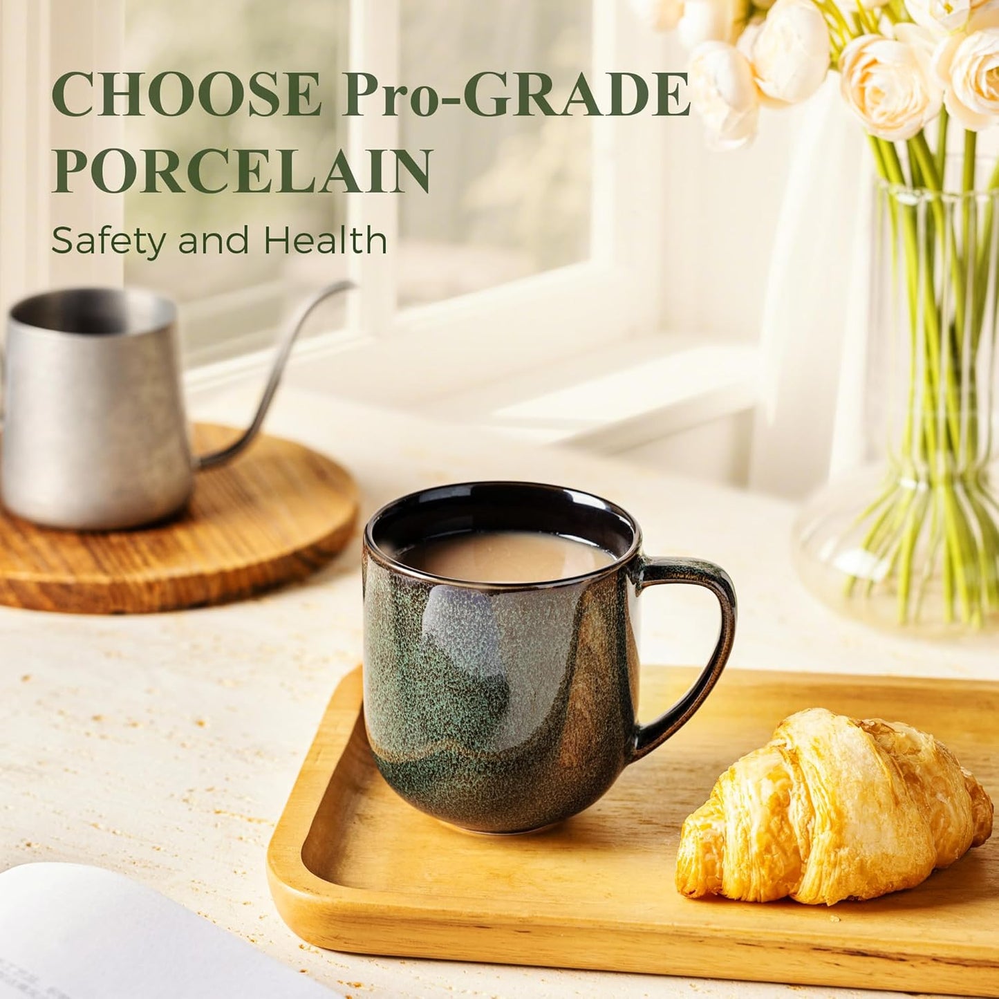 LERATIO 12OZ Ceramic Coffee Mugs Set of 6, Large Porcelain Coffee Cups With Large Handle For Latte,Cappuccino,Milk,Cocoa,|Dishwasher&Microwave Safe Mug Sets,Ideal for Man,Woman,Dad, Mom-Green