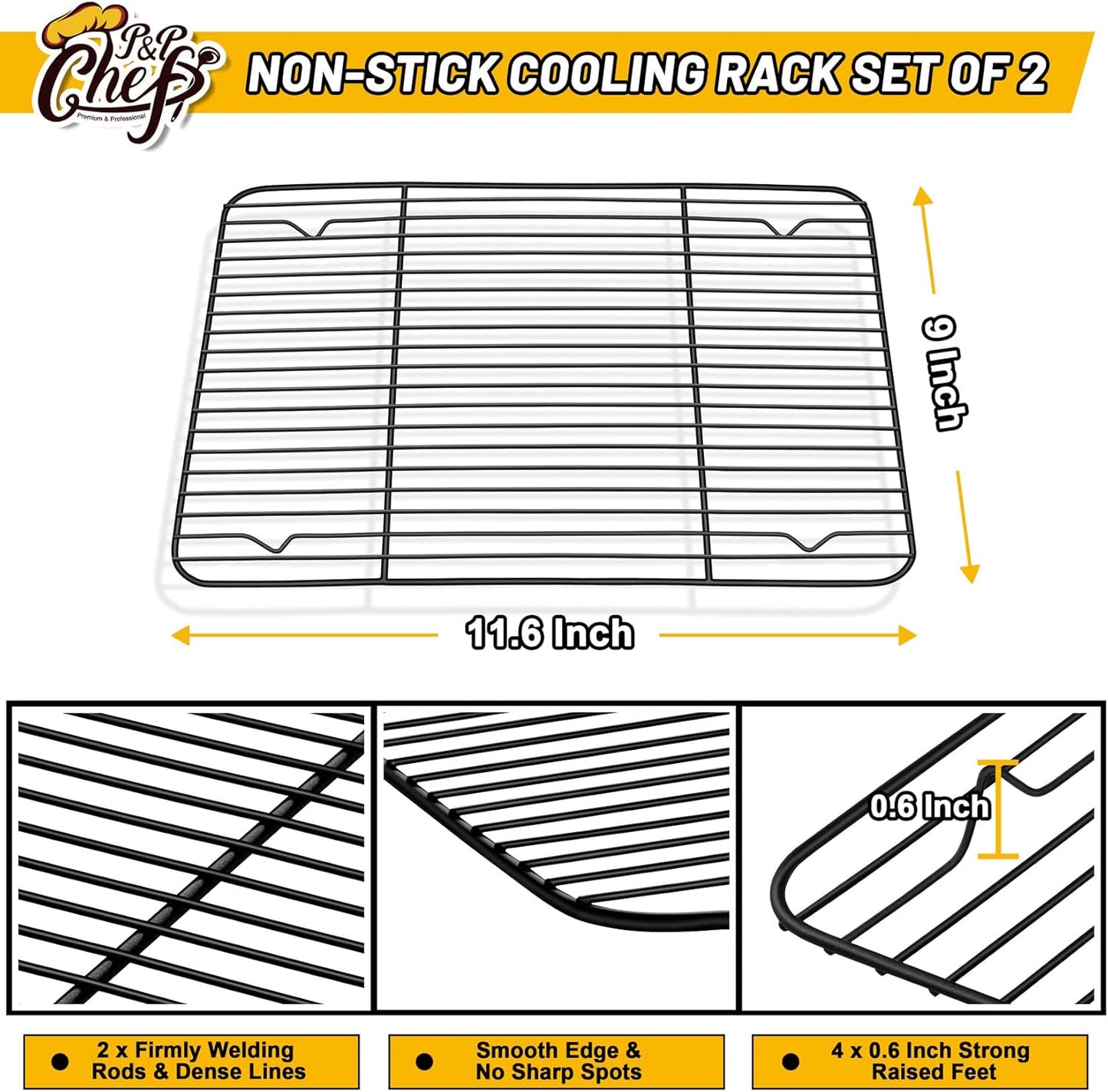 P&P CHEF Cooling Baking Rack Pack of 2, Stainless Steel Cooling Racks for Cooking Baking Roasting Grilling Drying, Dense Wires & Smooth Edge, Easy to clean, Black,11.6" x 9"