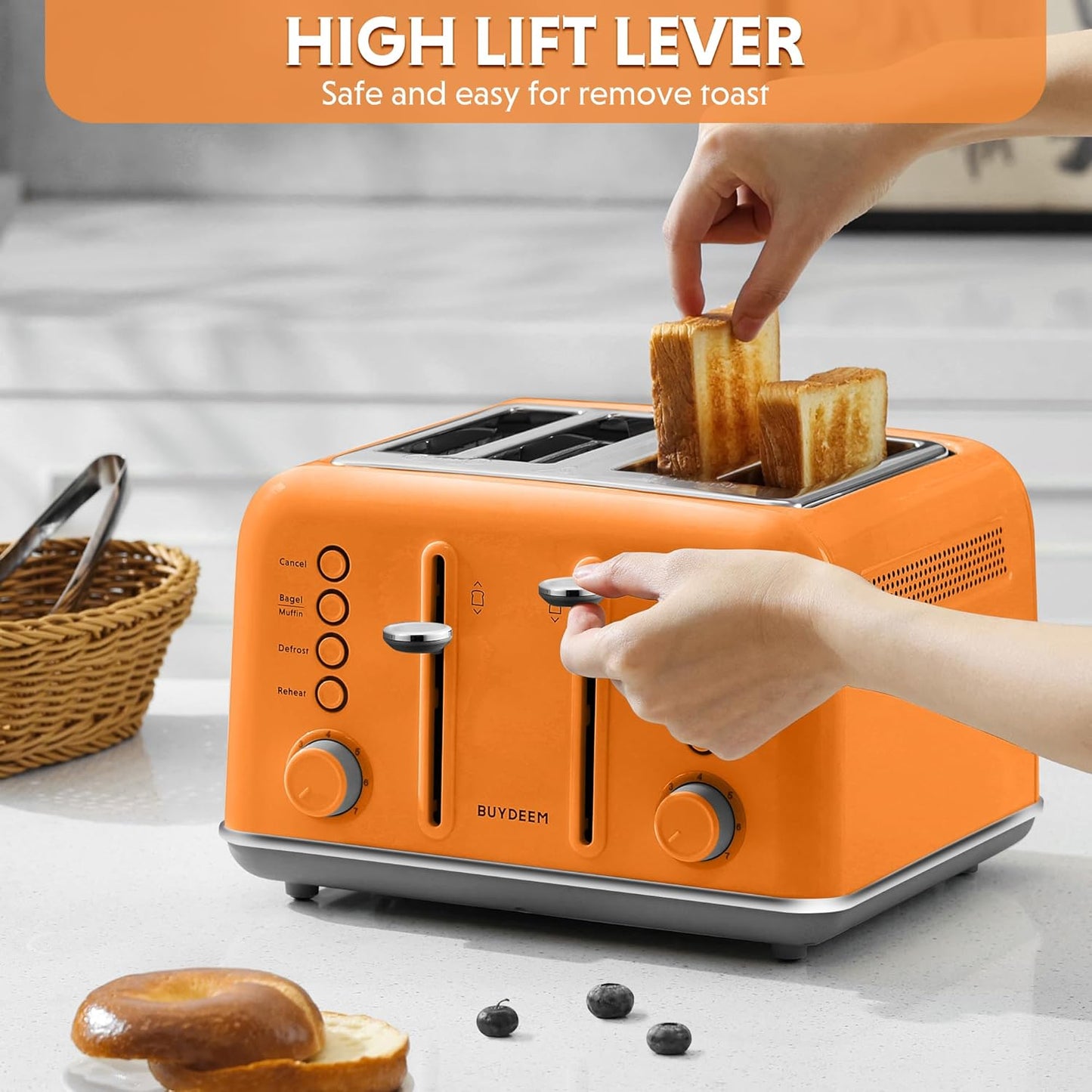 BUYDEEM DT640 4-Slice Toaster, Extra Wide Slots, Retro Stainless Steel with High Lift Lever, Bagel and Muffin Function, Removal Crumb Tray, 7-Shade Settings,Orange