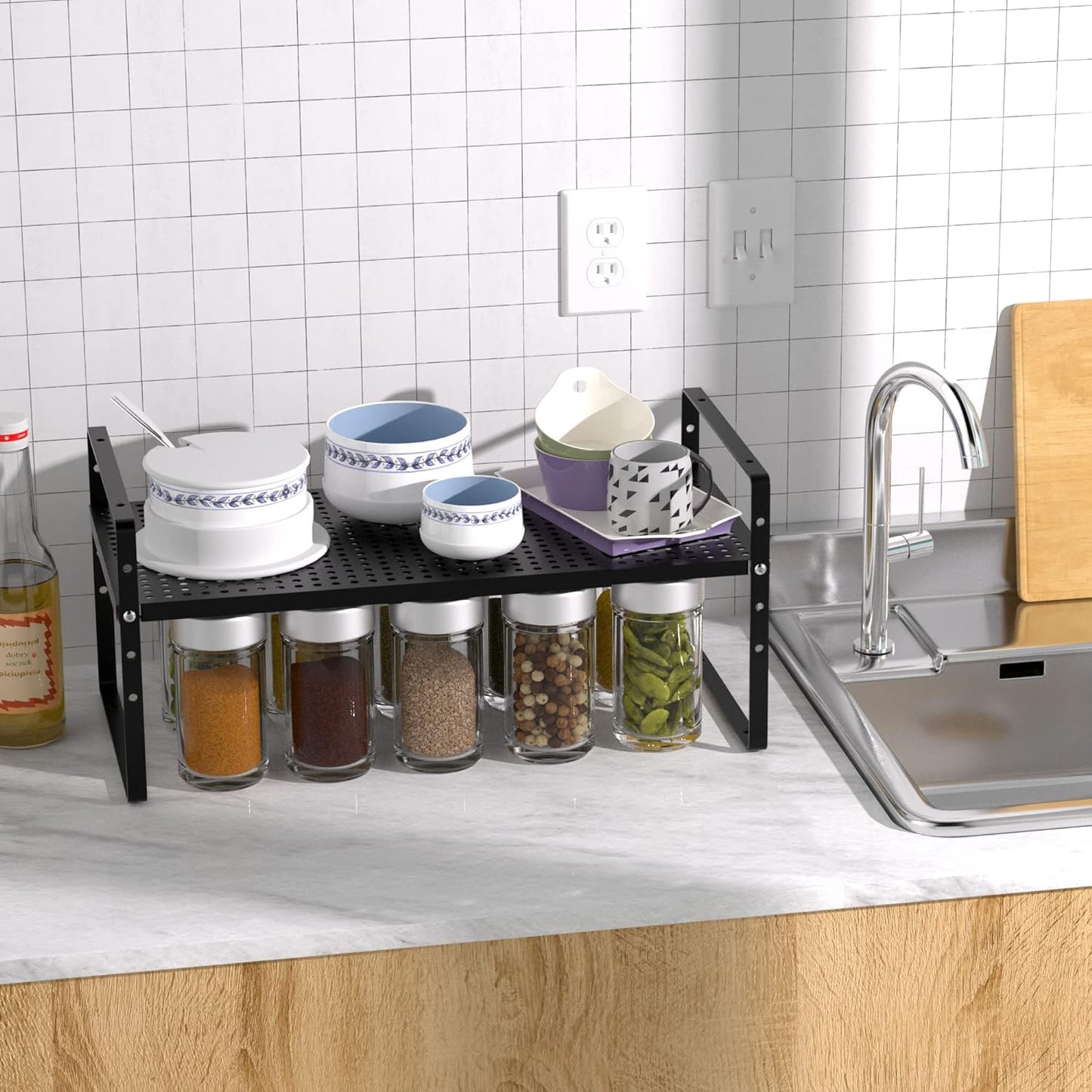 iPEGTOP Large Expandable Cabinet Storage Shelf Organizer Rack, Heavy Duty Stackable Steel Metal Spice Rack Adjustable Height Office Pantry Garage Shelves for Counter Kitchen, Black - 1 Pack