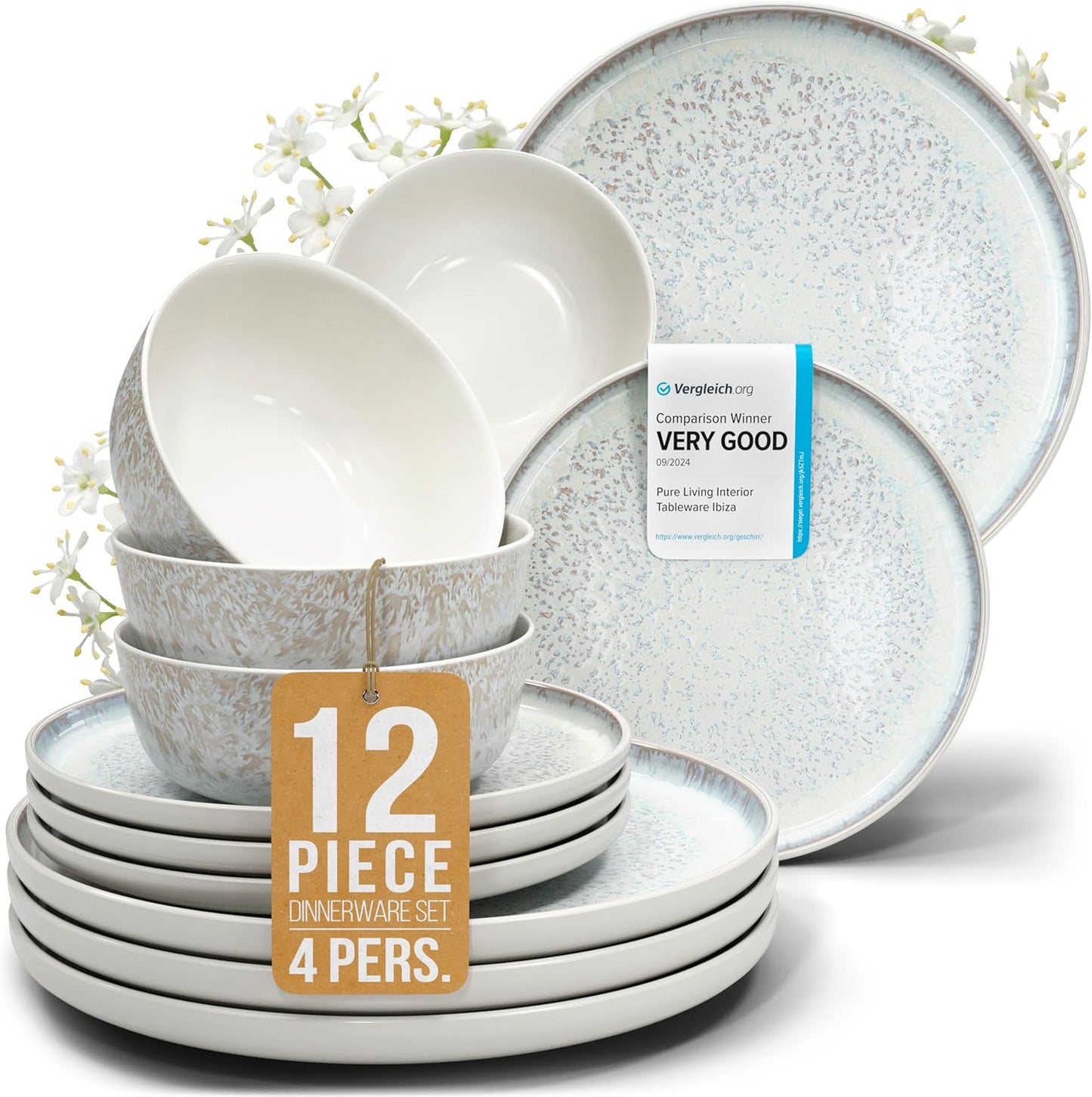 Stoneware dinnerware set 4 persons 12 pcs - Mediterranean dinnerware set, dishwasher, microwave and scratch resistant - bowl and plate set - dinnerware Pure Living Light Beige…