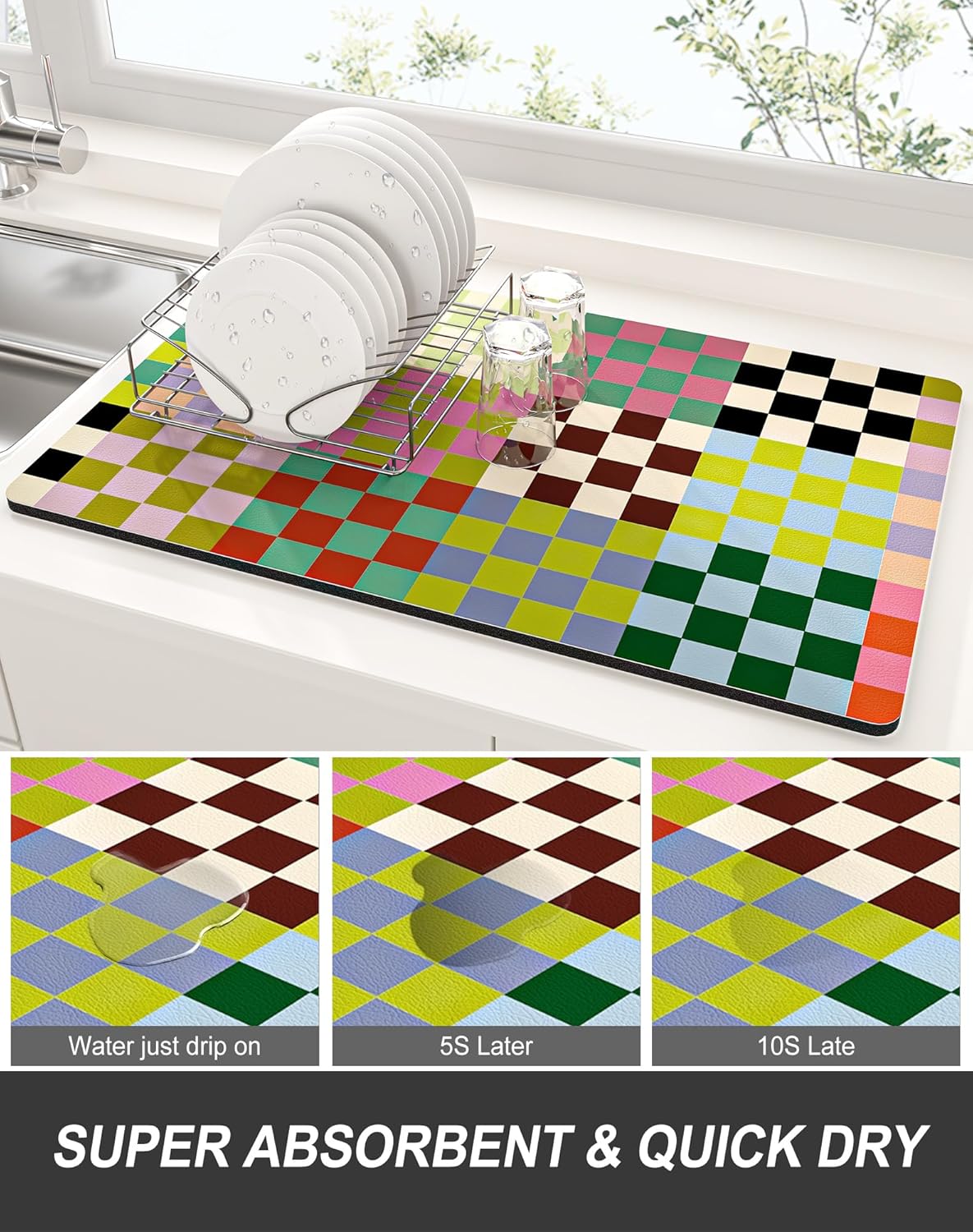 Rnivvi Dish Drying Mat for Kitchen Counter, XL 15 x 24" Cute Checkered Absorbent Draining Pad, Non-Slip Heat Resistant Coffee Bar Mats for Coffee Machine Station Accessories, Colorful Dish Rack Pad