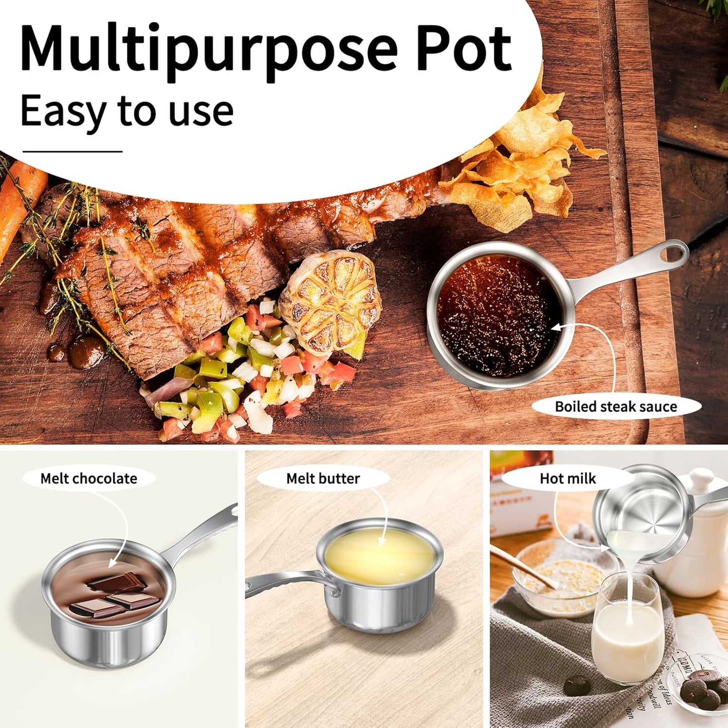 Macevia Mini Sauce Pan with Lid,Stainless Steel Butter Warmer Small Pot, For All Stoves Multipurpose Use for Home Kitchen or Restaurant (10.8oz/320ml) - Silver