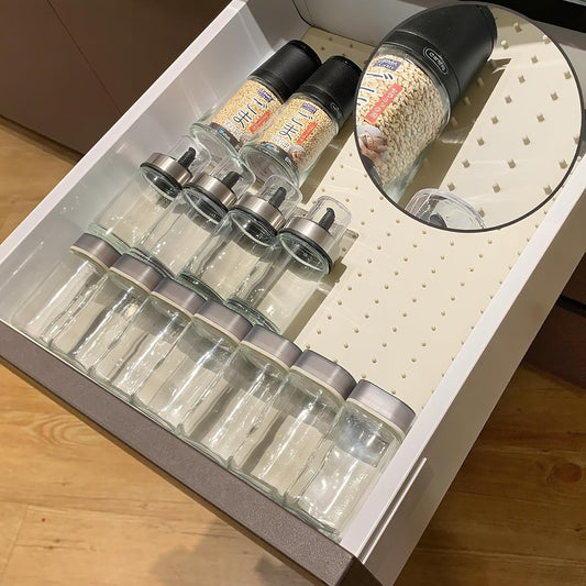 Gosmol Spice Drawer Organizer insert, Adjustable & Non-Slip Silicone Spice Drawer Liner, in Drawer Spice Organizer for Seasoning Jars and Spices Bottles Spice Rack -Pearl