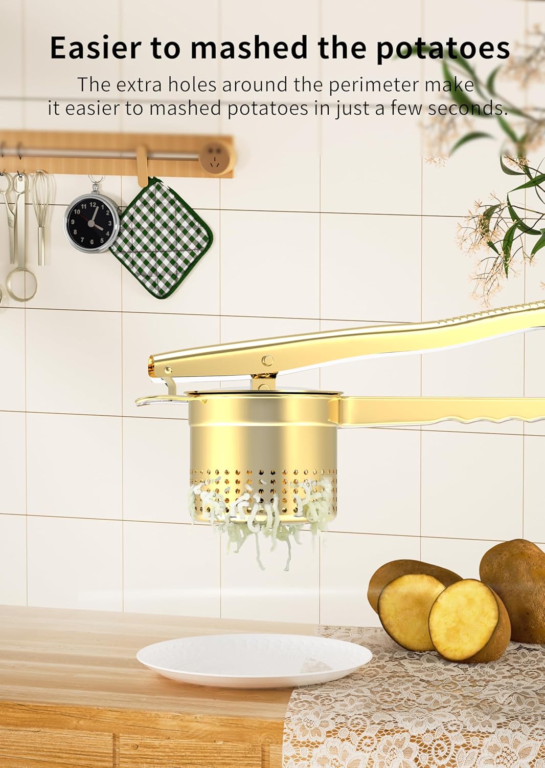 Large 15oz Potato Ricer Masher, Heavy Duty Stainless Steel Potato Masher with Ergonomic Handle, Masher and Ricer Kitchen Tool for Mashed Potatoes, Noodle Maker, Gold