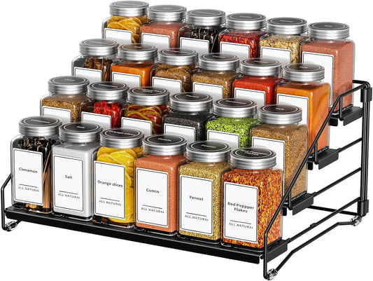 4 Tier Spice Rack for Cabinet, Spice Rack Organizer, Depth Adjustable Spice Holder for Countertop, Cupboard, Pantry, Seasoning Shelf, Metal, Black (1 Pack)