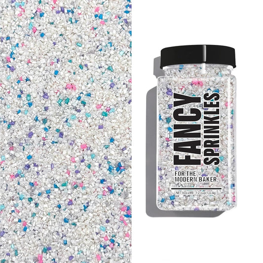 Fancy Sprinkles Unicorn Breath Fancy Sugar Pearlescent White Sugar Crystals Flecked with Blue, Purple, Pink, and Teal Sugars, and Silver Mini Edible Glitter Stars (4 OZ)