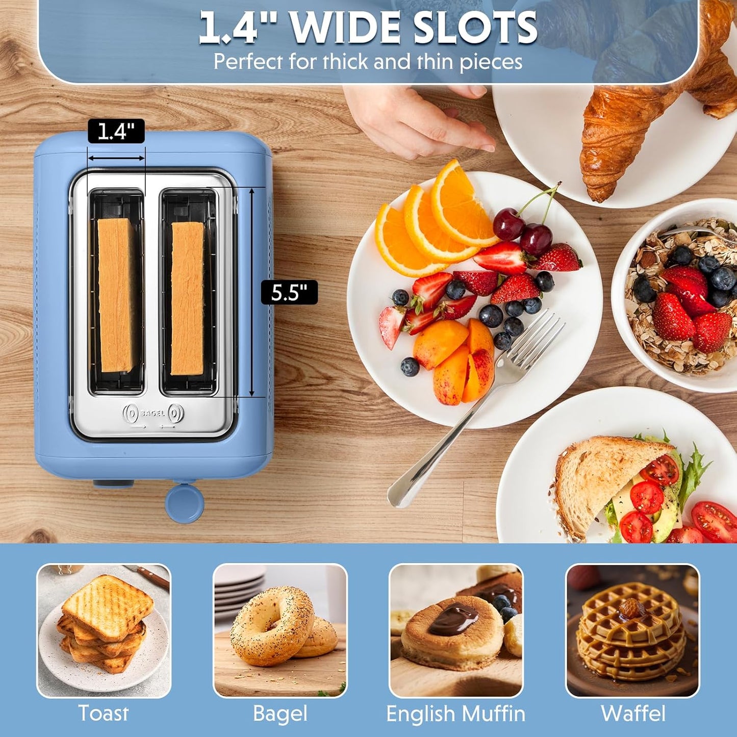 BUYDEEM DT620 2-Slice Toaster, Extra Wide Slots, Retro Stainless Steel with High Lift Lever, Bagel and Muffin Function, Removal Crumb Tray, 7-Shade Settings,Blue